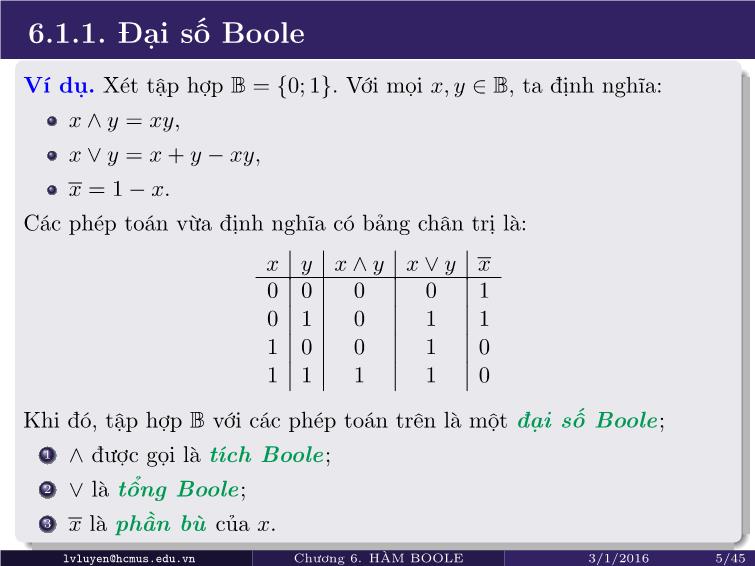 Bài giảng Toán rời rạc - Chương 6: Đại số Boole trang 5