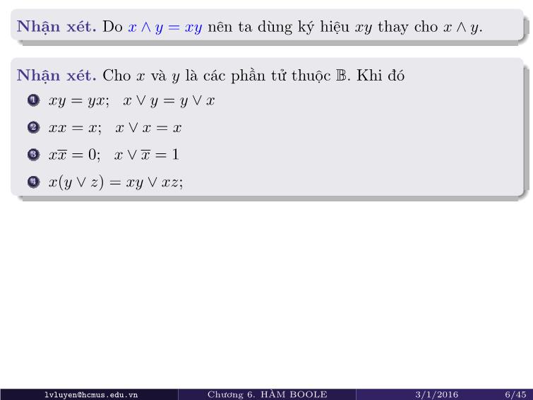 Bài giảng Toán rời rạc - Chương 6: Đại số Boole trang 6