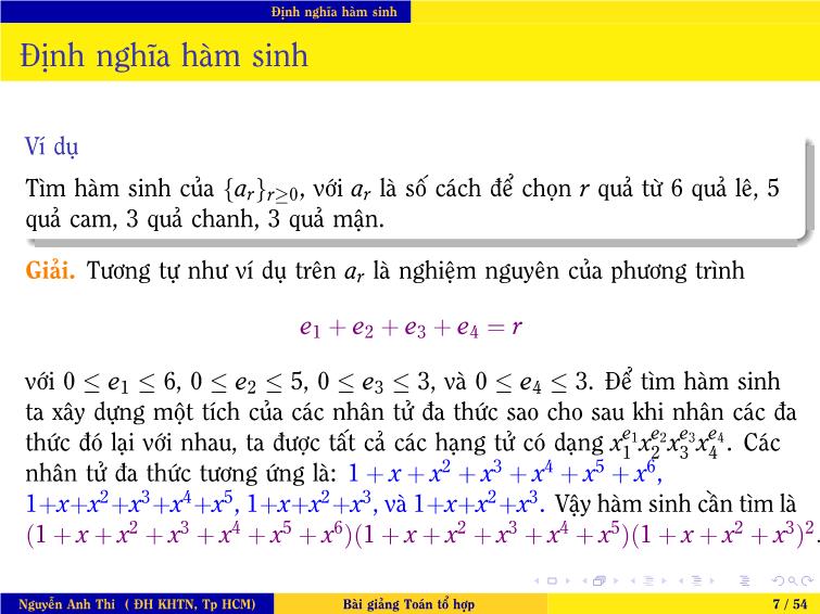 Bài giảng Toán tổ hợp - Chương 2: Phương pháp đếm dùng hàm sinh trang 7