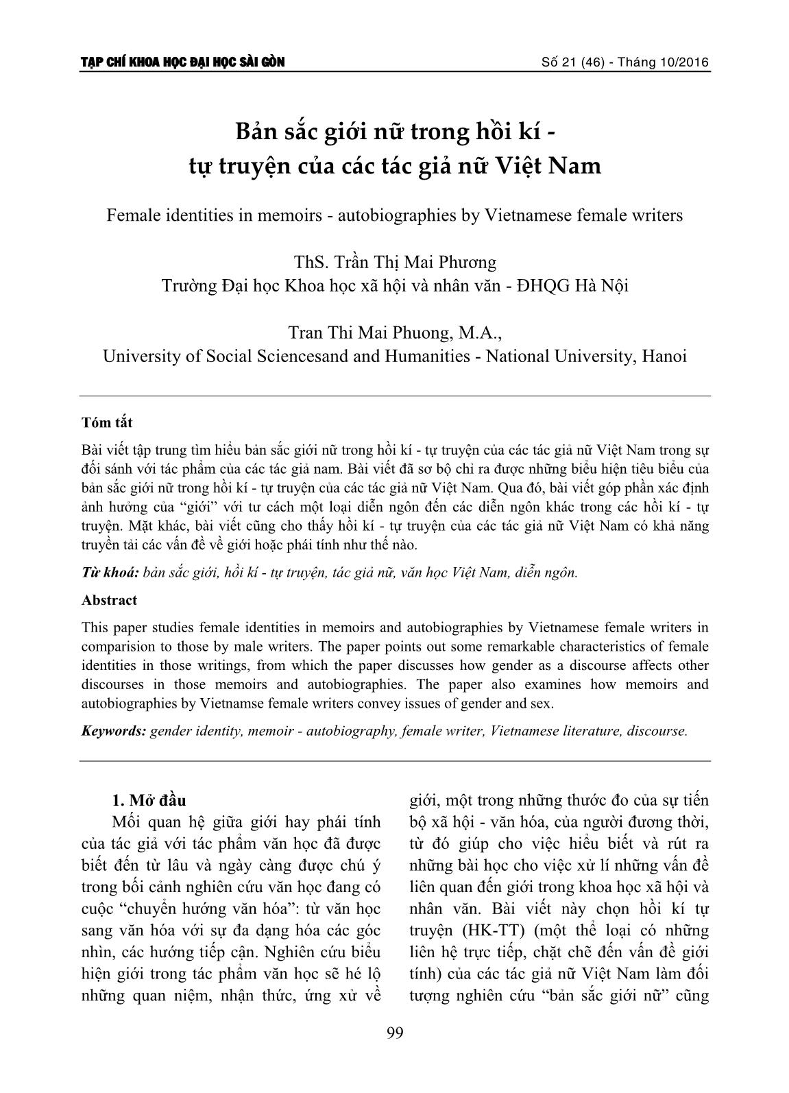 Bản sắc nữ giới trong hồi kí - tự truyện của tác giả nữ Việt Nam trang 1