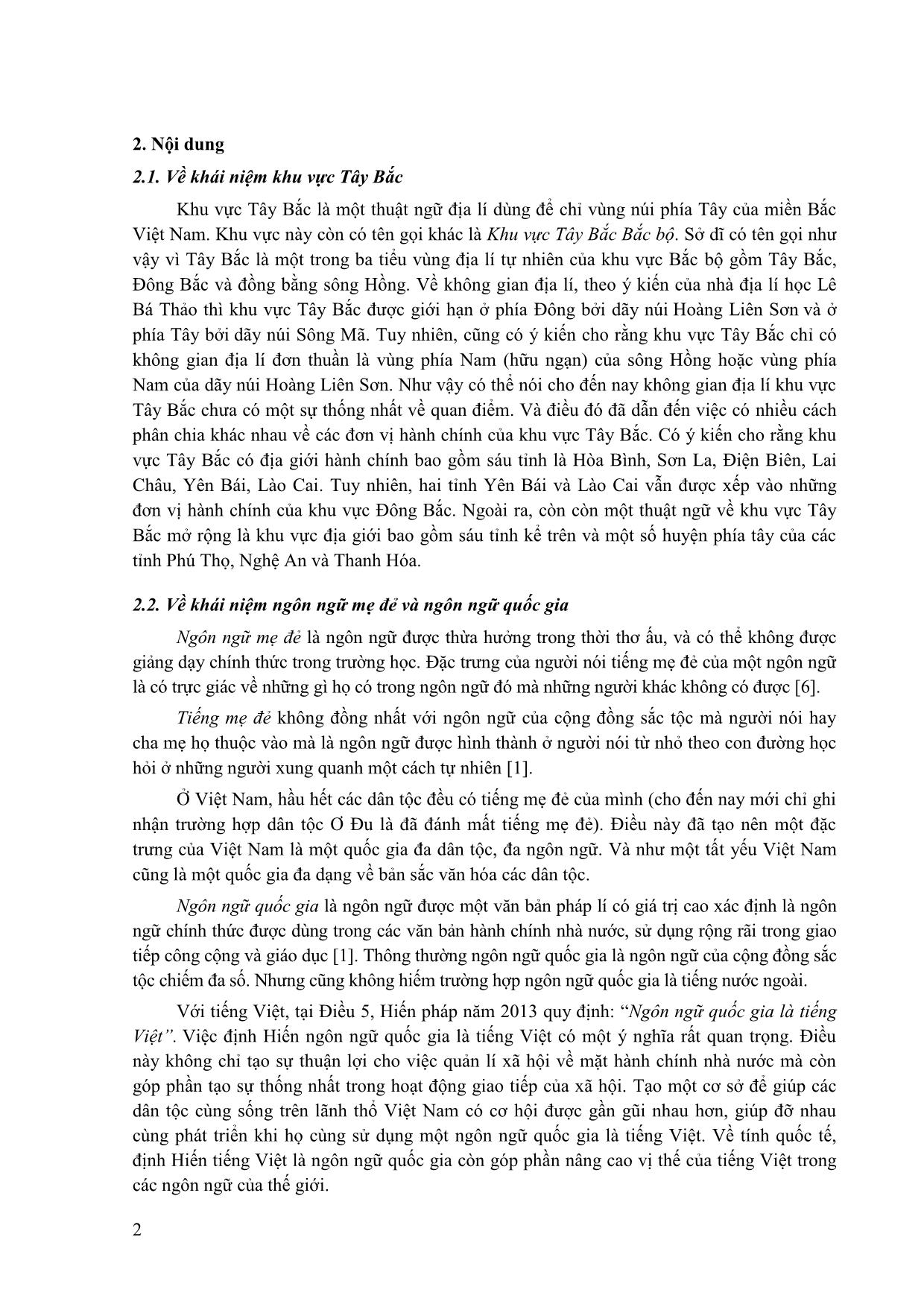Một số vấn đề về giáo dục ngôn ngữ mẹ đẻ và ngôn ngữ quốc gia đối với các dân tộc thiểu số có chữ viết ở khu vực Tây Bắc Việt Nam hiện nay (trường hợp tỉnh Sơn La) trang 2