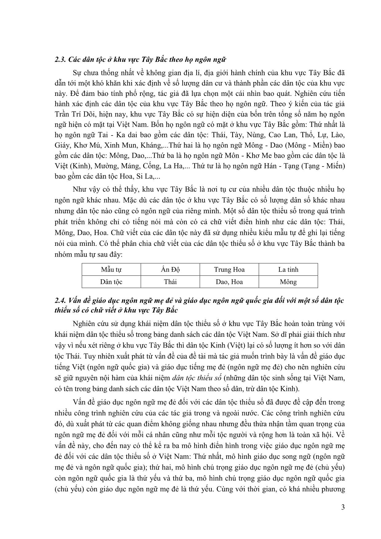 Một số vấn đề về giáo dục ngôn ngữ mẹ đẻ và ngôn ngữ quốc gia đối với các dân tộc thiểu số có chữ viết ở khu vực Tây Bắc Việt Nam hiện nay (trường hợp tỉnh Sơn La) trang 3