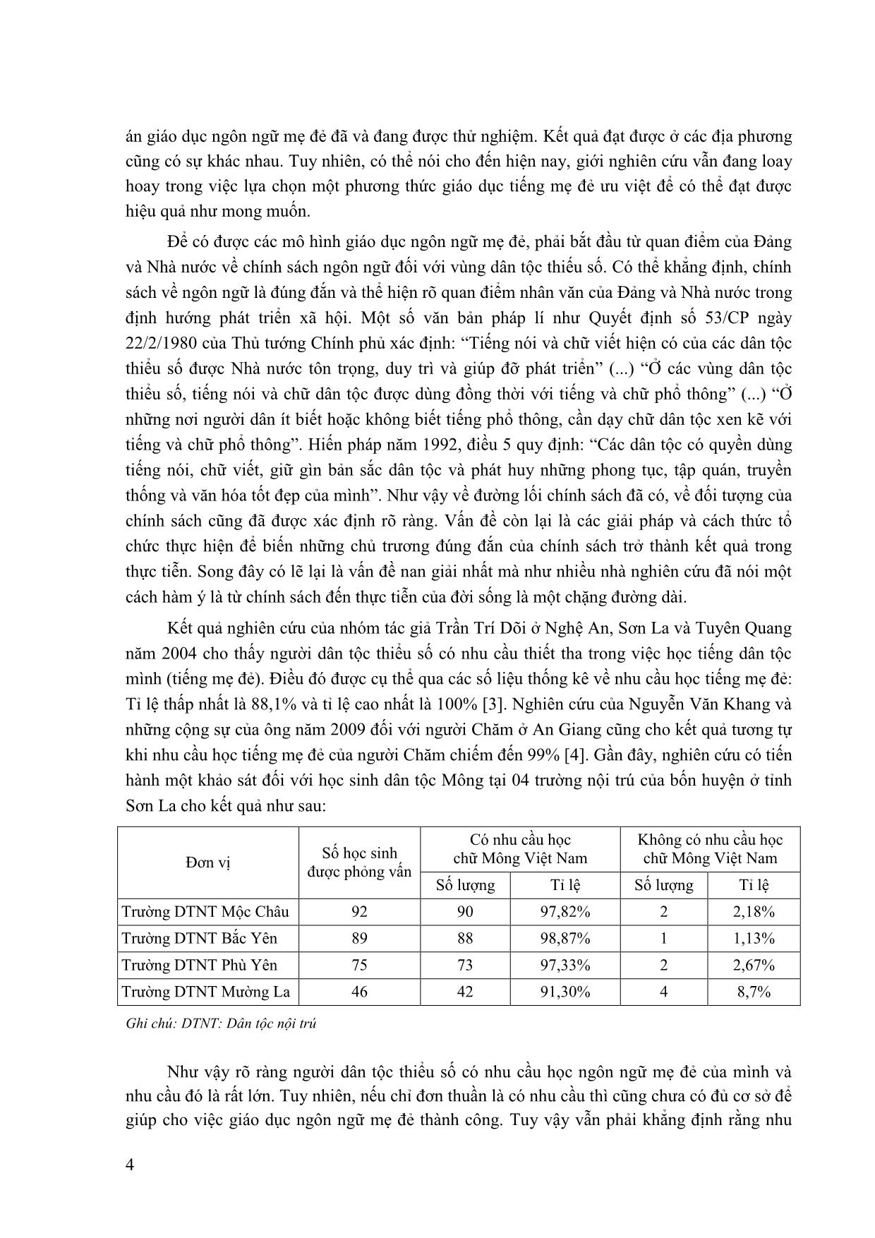 Một số vấn đề về giáo dục ngôn ngữ mẹ đẻ và ngôn ngữ quốc gia đối với các dân tộc thiểu số có chữ viết ở khu vực Tây Bắc Việt Nam hiện nay (trường hợp tỉnh Sơn La) trang 4