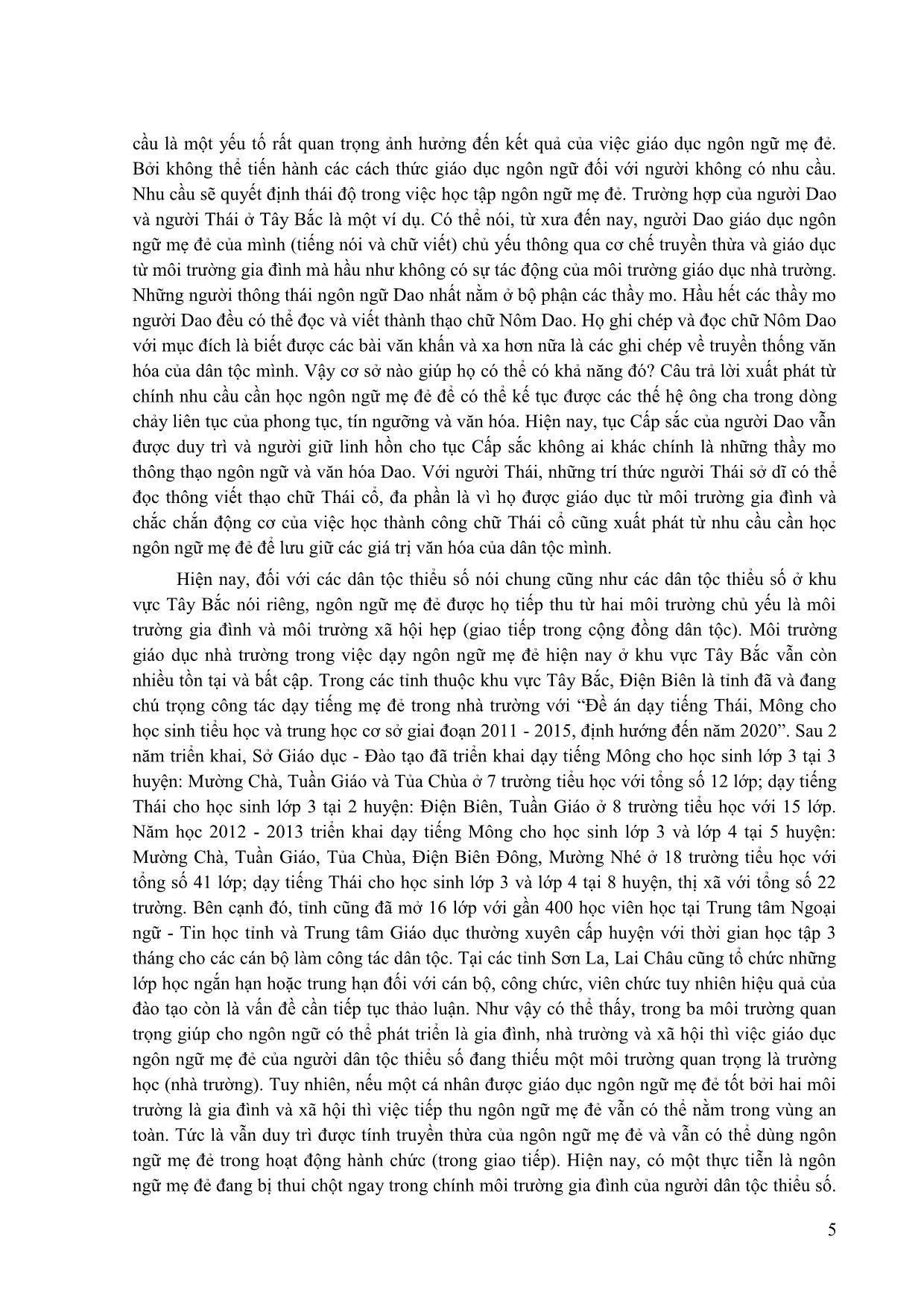 Một số vấn đề về giáo dục ngôn ngữ mẹ đẻ và ngôn ngữ quốc gia đối với các dân tộc thiểu số có chữ viết ở khu vực Tây Bắc Việt Nam hiện nay (trường hợp tỉnh Sơn La) trang 5