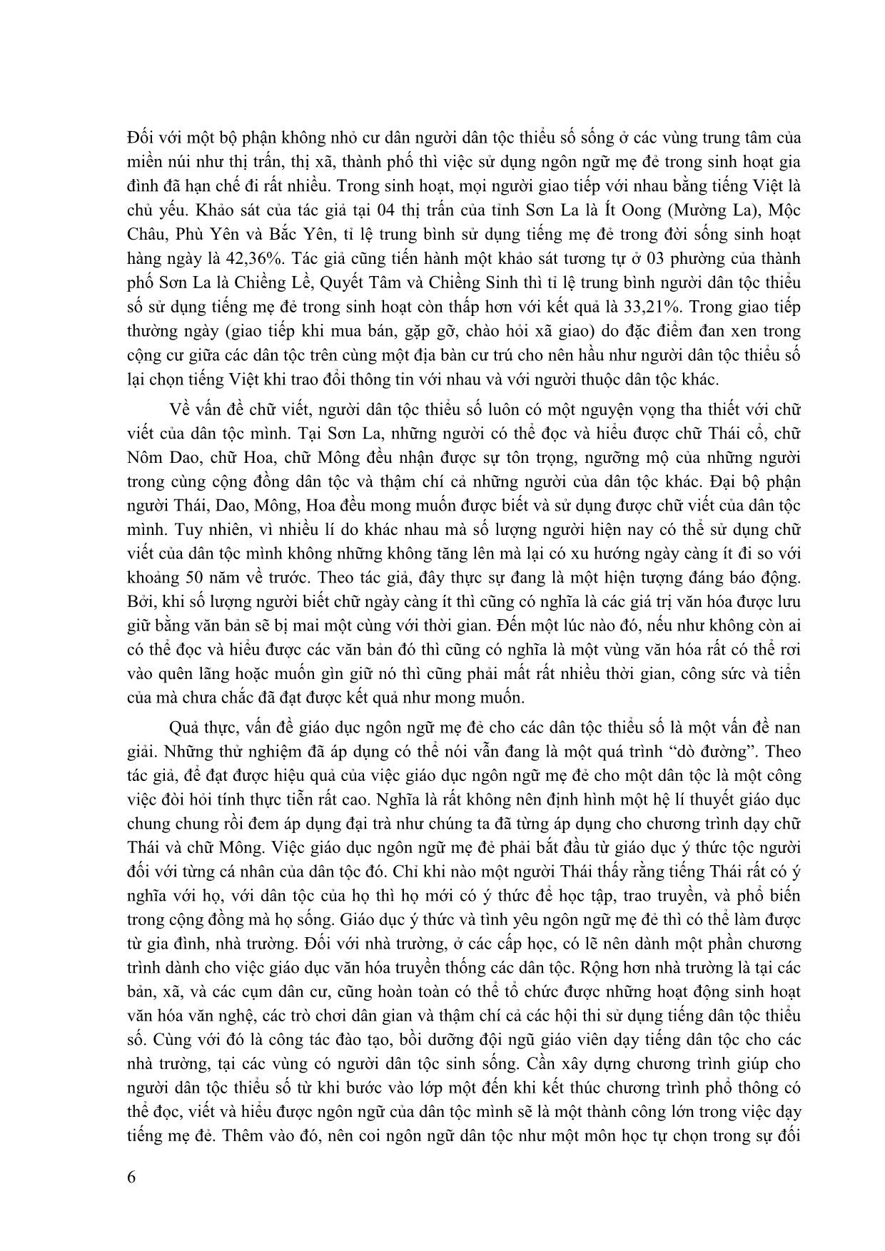 Một số vấn đề về giáo dục ngôn ngữ mẹ đẻ và ngôn ngữ quốc gia đối với các dân tộc thiểu số có chữ viết ở khu vực Tây Bắc Việt Nam hiện nay (trường hợp tỉnh Sơn La) trang 6