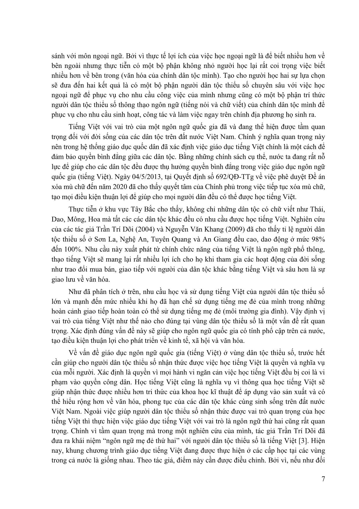 Một số vấn đề về giáo dục ngôn ngữ mẹ đẻ và ngôn ngữ quốc gia đối với các dân tộc thiểu số có chữ viết ở khu vực Tây Bắc Việt Nam hiện nay (trường hợp tỉnh Sơn La) trang 7