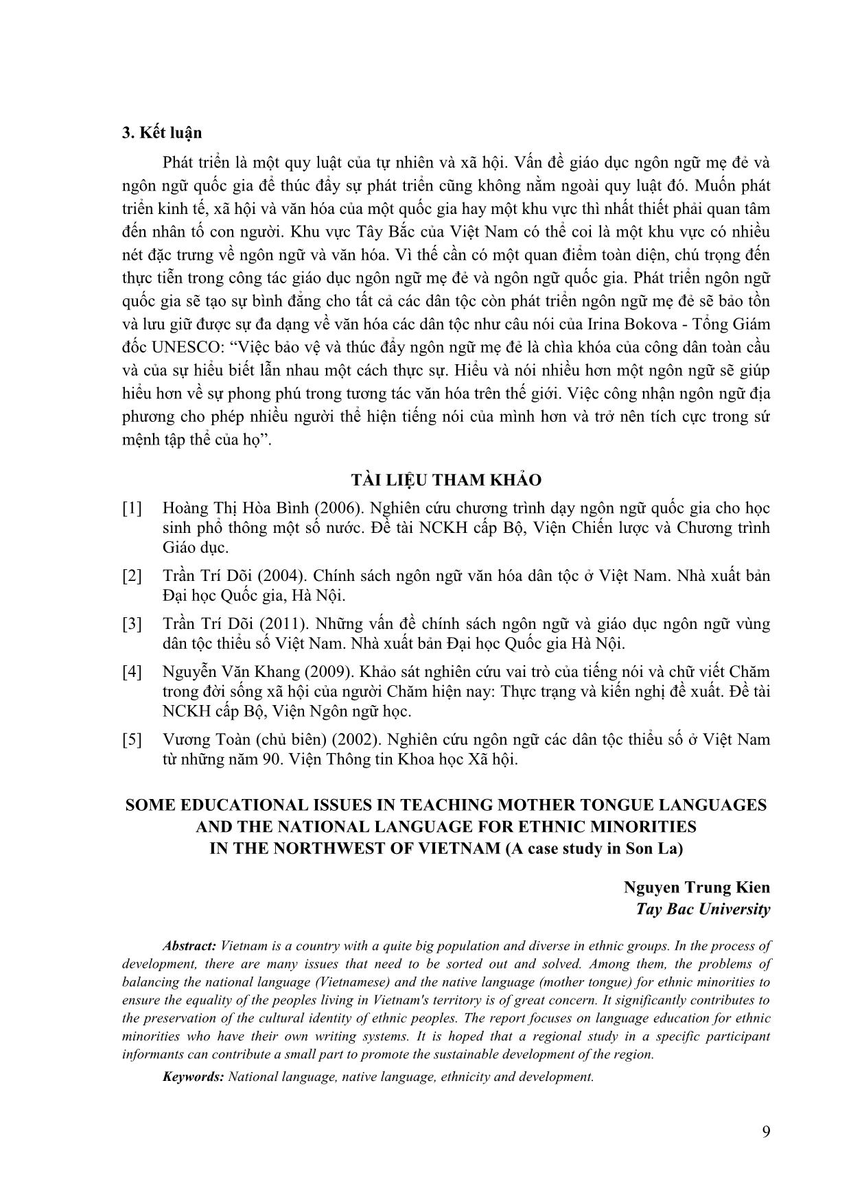 Một số vấn đề về giáo dục ngôn ngữ mẹ đẻ và ngôn ngữ quốc gia đối với các dân tộc thiểu số có chữ viết ở khu vực Tây Bắc Việt Nam hiện nay (trường hợp tỉnh Sơn La) trang 9