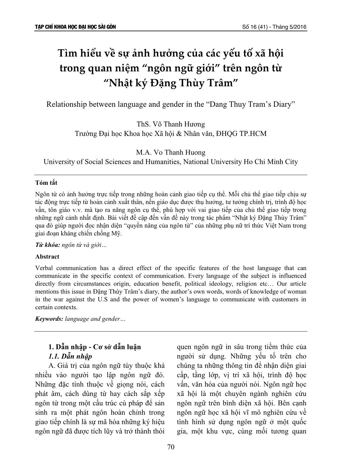 Tìm hiểu về sự ảnh hưởng của các yếu tố xã hội trong quan niệm ngôn ngữ giới trên ngôn từ  Nhật ký Đặng Thùy Trâm trang 1