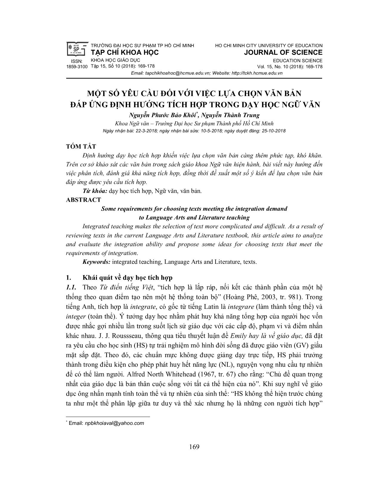 Một số yêu cầu đối với việc lựa chọn văn bản đáp ứng định hướng tích hợp trong dạy học Ngữ văn trang 1