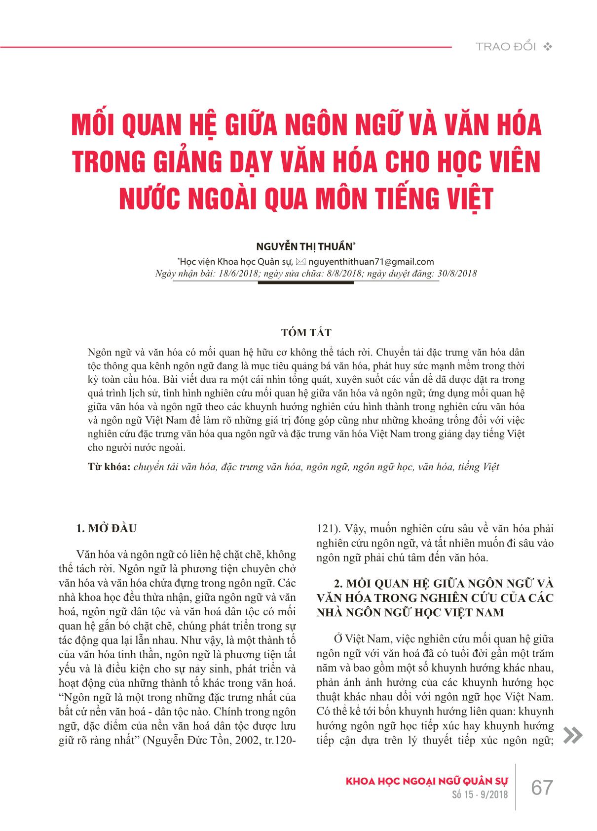 Mối quan hệ giữa ngôn ngữ và văn hóa trong giảng dạy văn hóa cho học viên nước ngoài qua môn Tiếng Việt trang 1