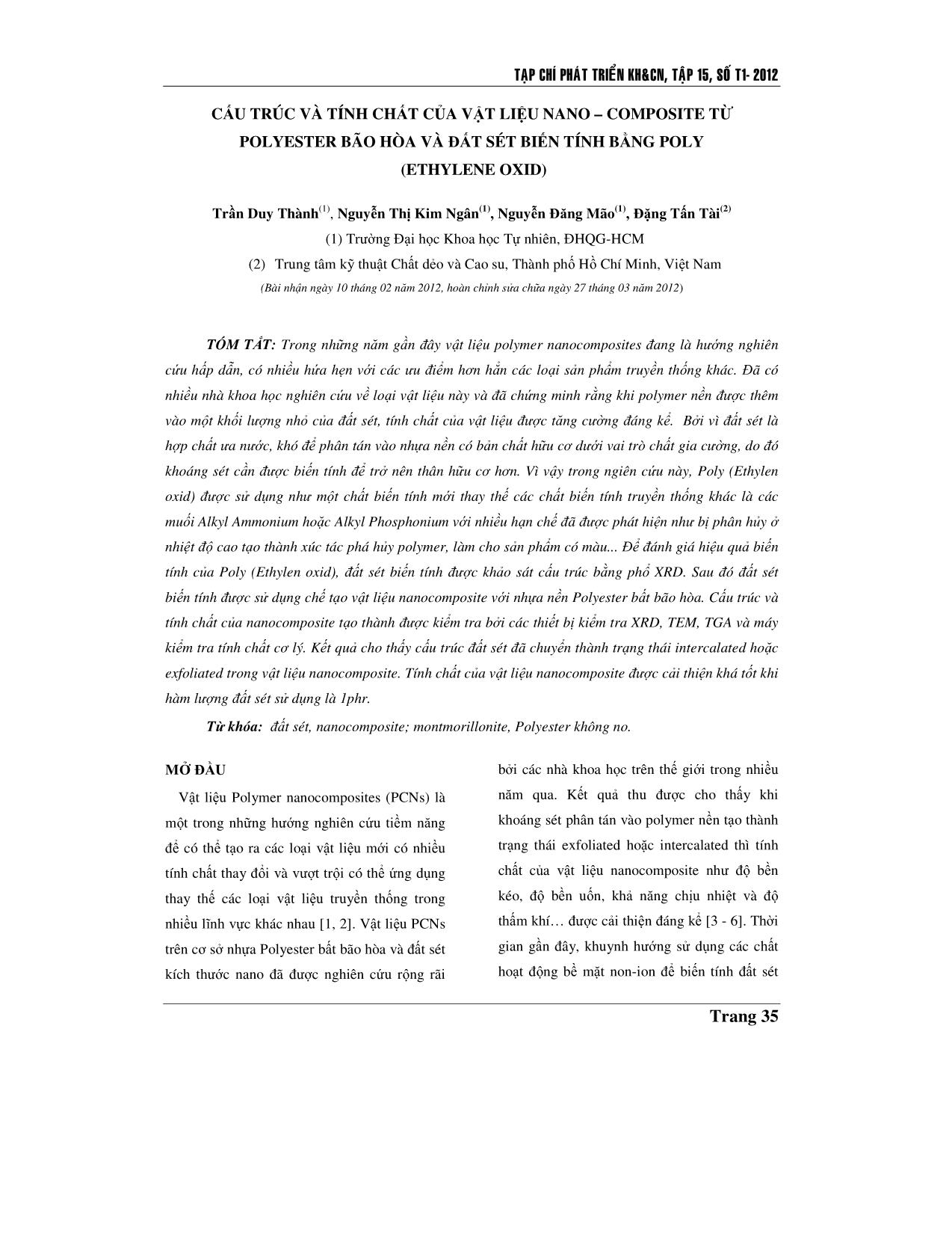Cấu trúc và tính chât của vật liệu nano - Composite từ Polyester bão hòa và đất sét biến tính bằng Poly (Ethylene oxid) trang 1