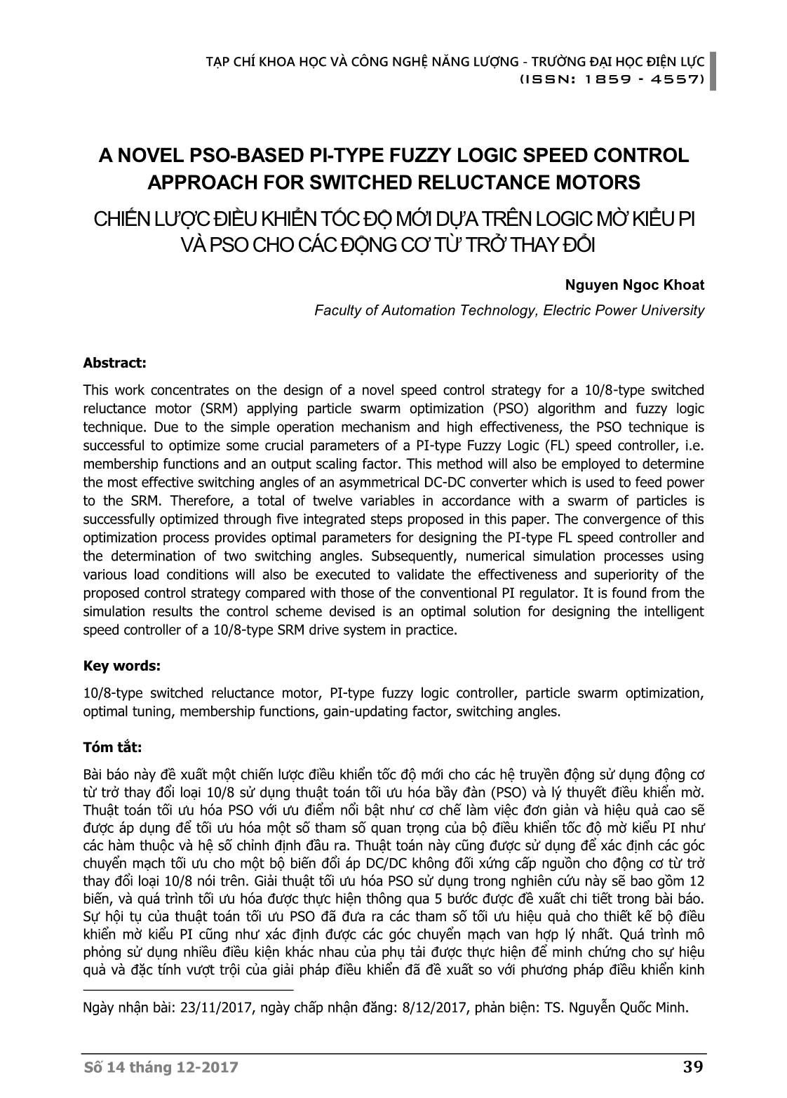 Chiến lược điều khiển tốc độ mới dựa trên logic mờ kiểu Pi và PSO cho các động cơ từ trở thay đổi trang 1