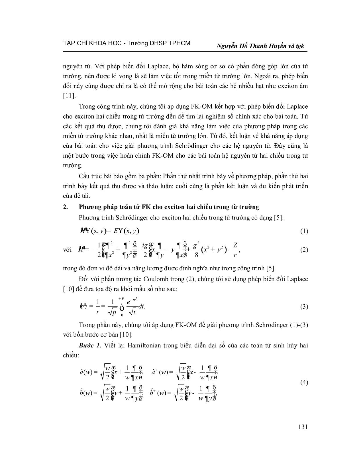 Phương pháp toán tử FK cải tiến giải phương trình Schrödinger cho Exciton hai chiều trong từ trường đều trang 3