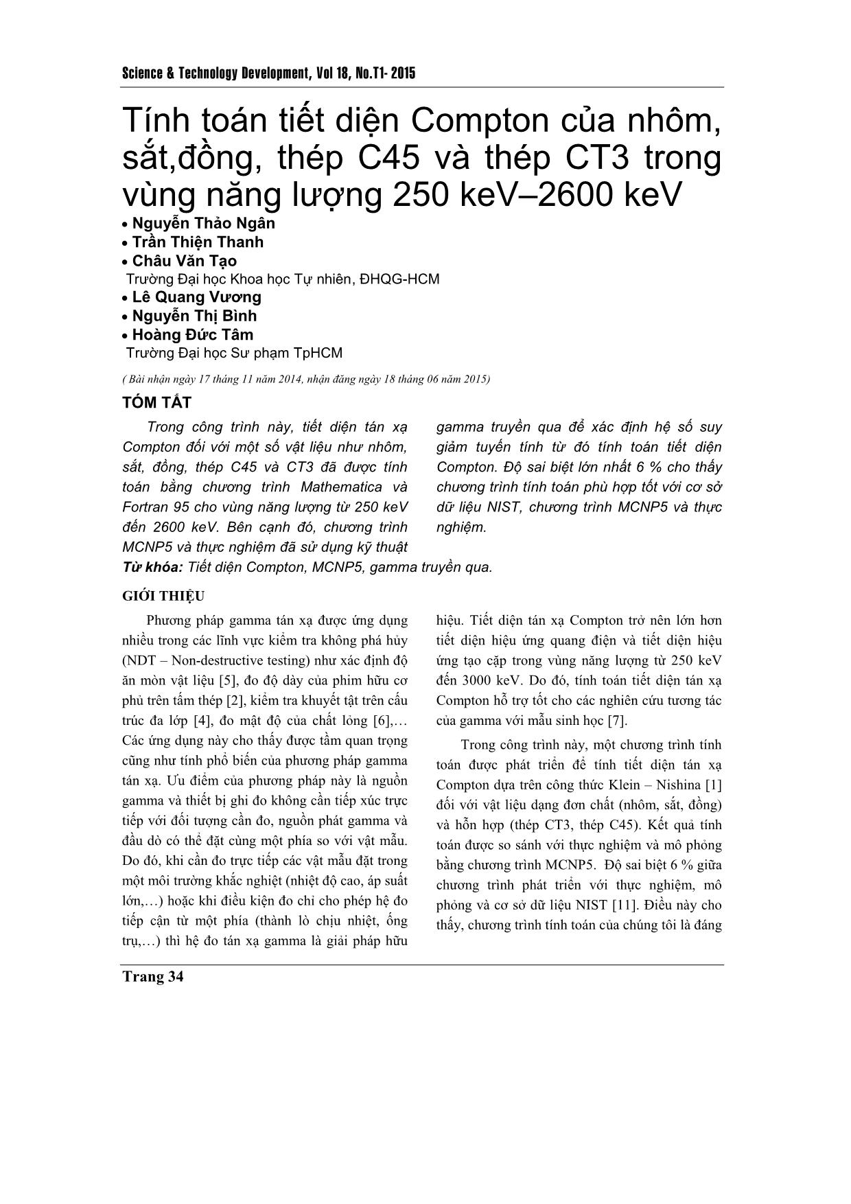 Tính toán tiết diện Compton của nhôm, sắt,đồng, thép C45 và thép CT3 trong vùng năng lượng 250 keV–2600 keV trang 1