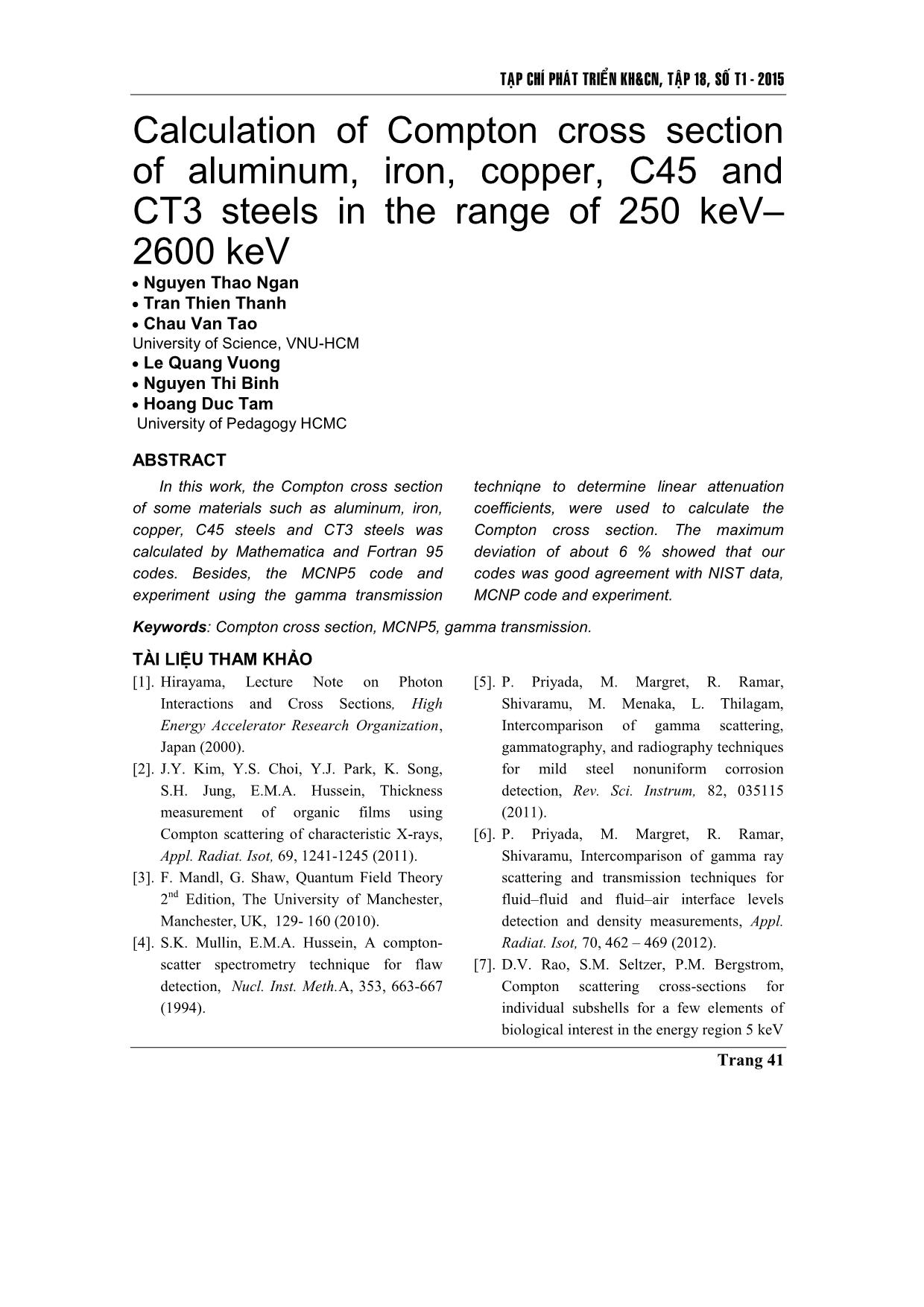 Tính toán tiết diện Compton của nhôm, sắt,đồng, thép C45 và thép CT3 trong vùng năng lượng 250 keV–2600 keV trang 8