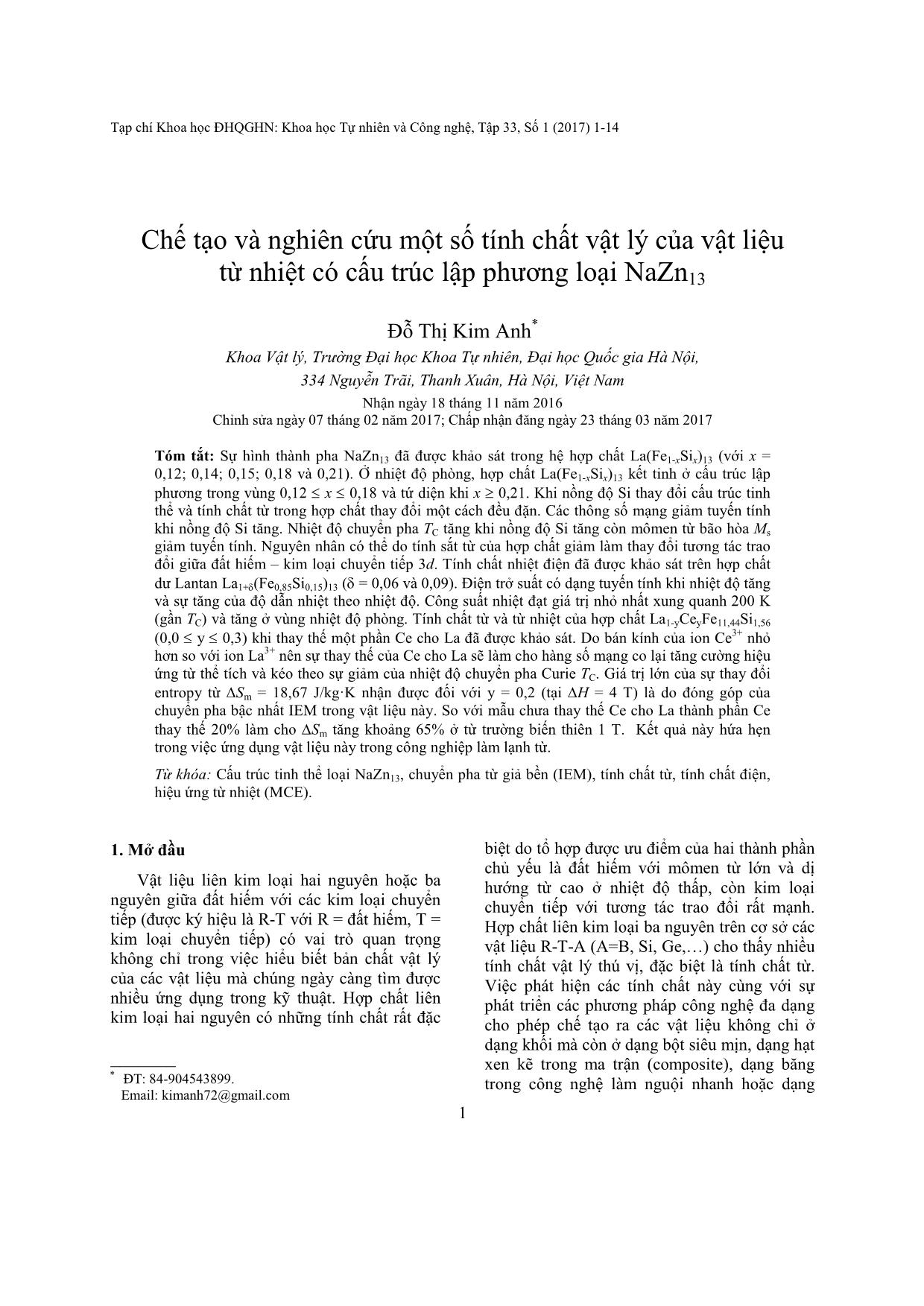 Chế tạo và nghiên cứu một số tính chất vật lý của vật liệu từ nhiệt có cấu trúc lập phương loại NaZn13 trang 1