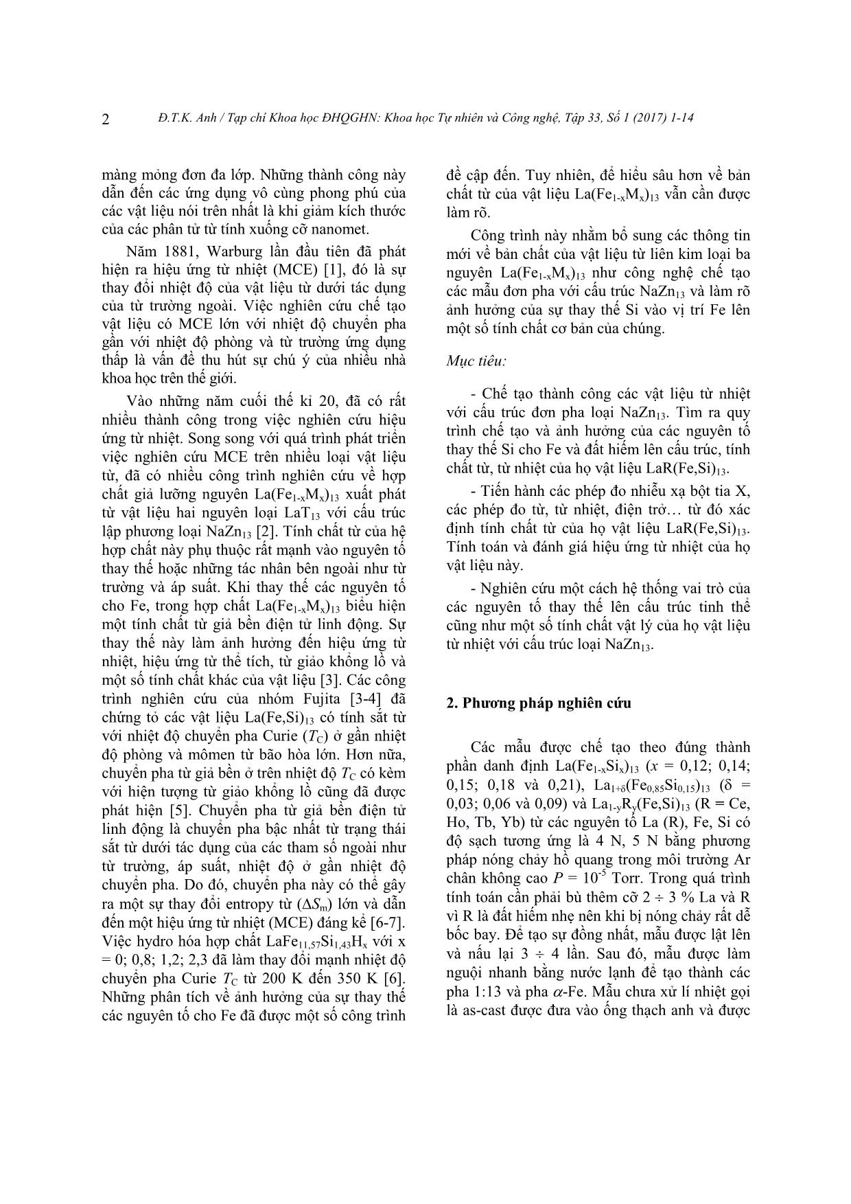 Chế tạo và nghiên cứu một số tính chất vật lý của vật liệu từ nhiệt có cấu trúc lập phương loại NaZn13 trang 2