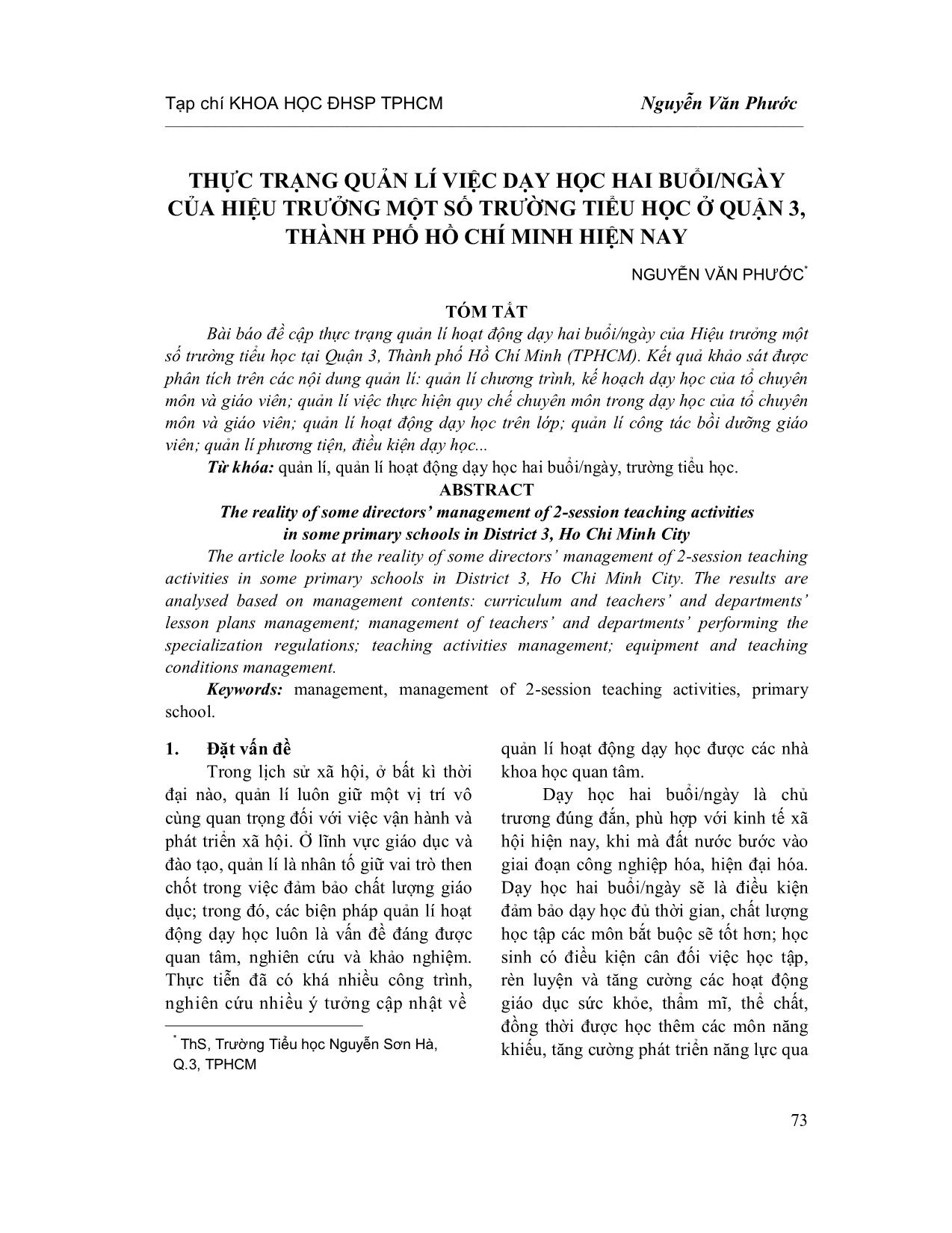 Thực trạng quản lí việc dạy học hai buổi/ngày của hiệu trưởng một số trường tiểu học ở Quận 3, Thành phố Hồ Chí Minh hiện nay trang 1