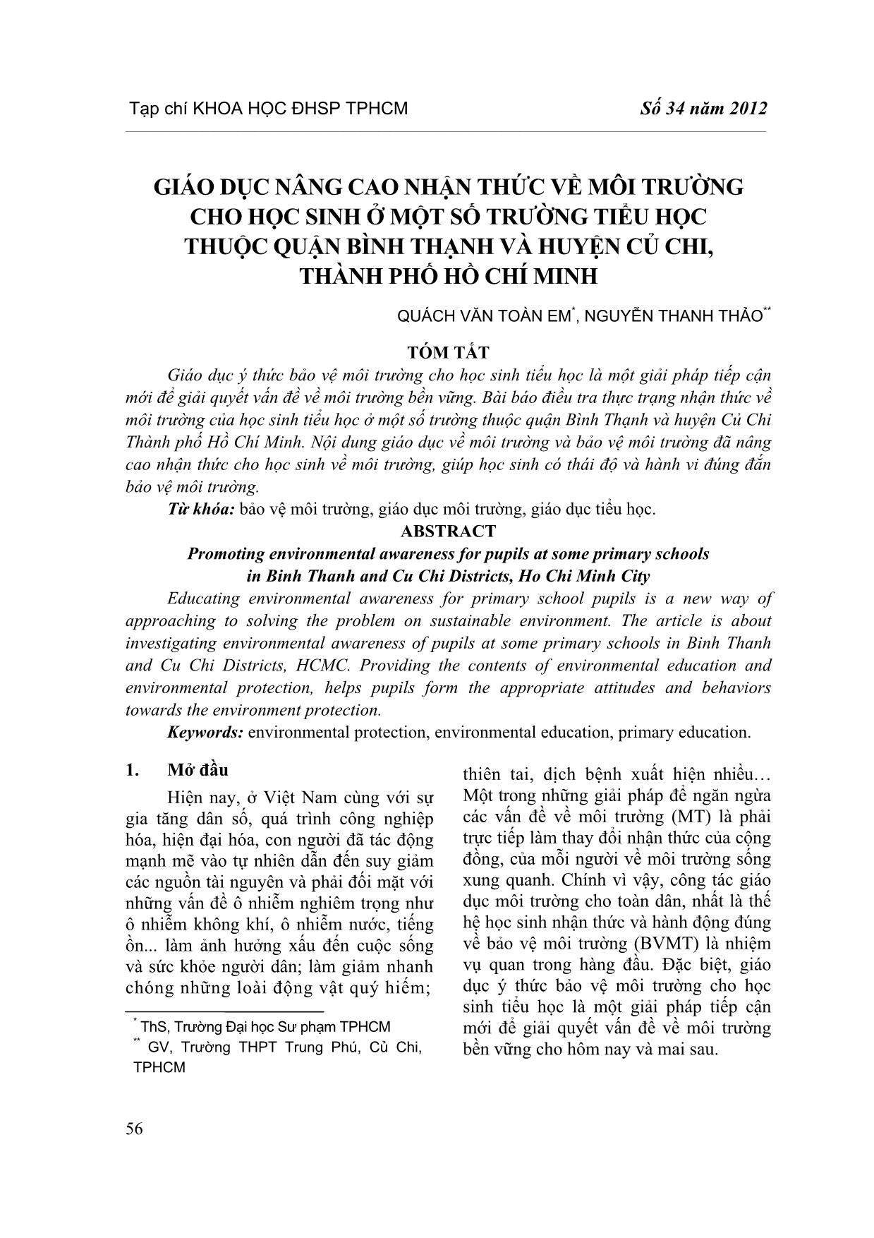 Giáo dục nâng cao nhận thức về môi trường cho học sinh ở một số trường tiểu học thuộc quận Bình Thạnh và huyện Củ Chi, Thành phố Hồ Chí Minh trang 1