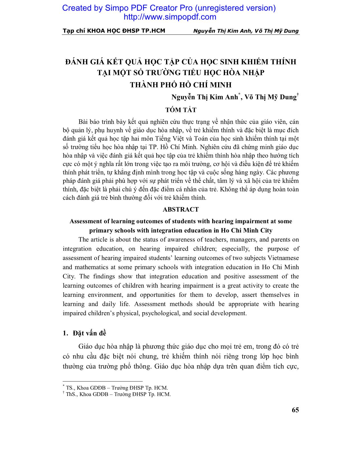 Đánh giá kết quả học tập của học sinh khiếm thính tại một số trường tiểu học hòa nhập Thành phố Hồ Chí Minh trang 1