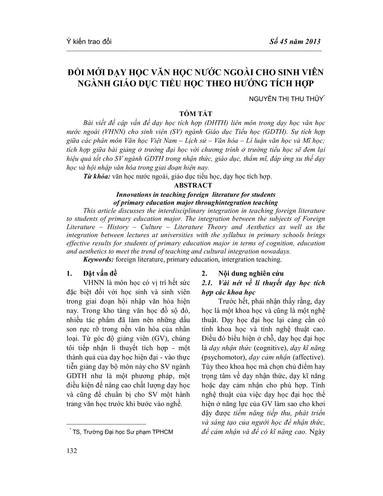 Đổi mới dạy học văn học nước ngoài cho sinh viên ngành Giáo dục Tiểu học theo hướng tích hợp trang 1