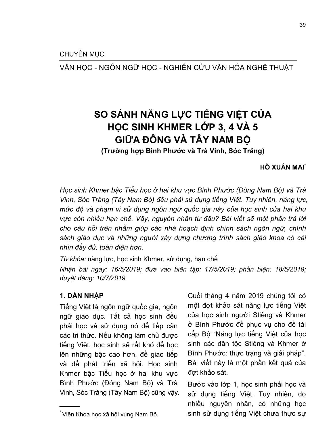 So sánh năng lực tiếng việt của học sinh Khmer Lớp 3, 4 và 5 giữa Đông và Tây Nam Bộ (trường hợp Bình Phước và Trà Vinh, Sóc Trăng) trang 1