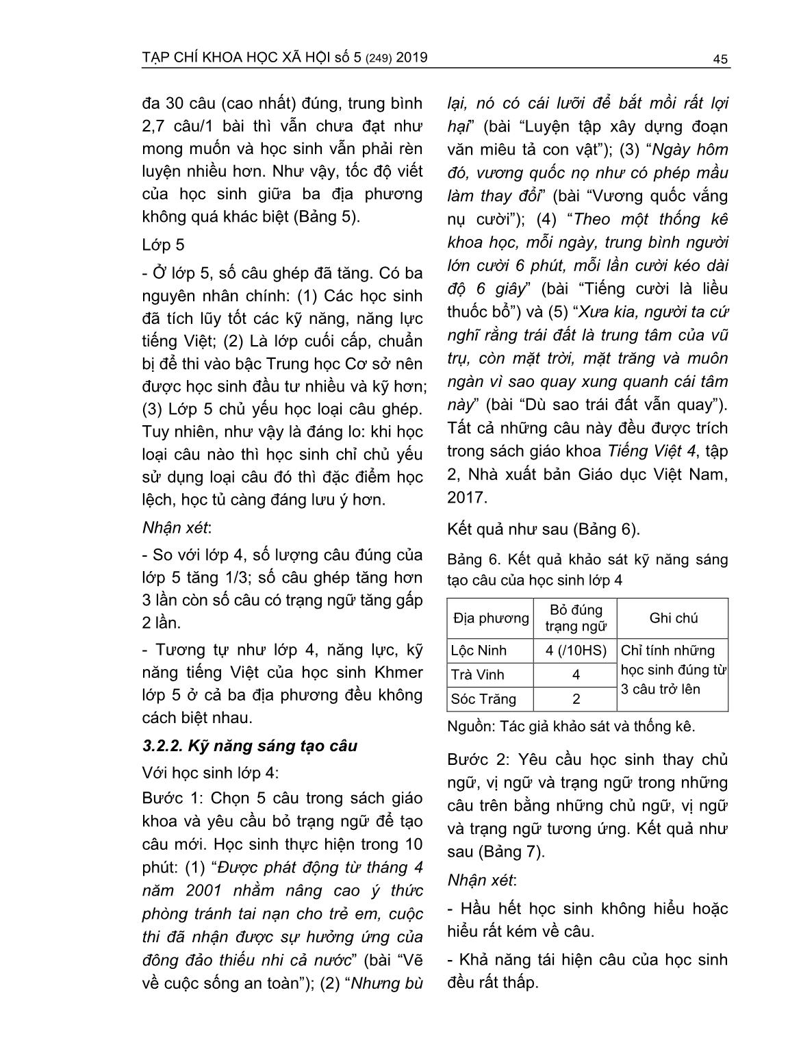 So sánh năng lực tiếng việt của học sinh Khmer Lớp 3, 4 và 5 giữa Đông và Tây Nam Bộ (trường hợp Bình Phước và Trà Vinh, Sóc Trăng) trang 7