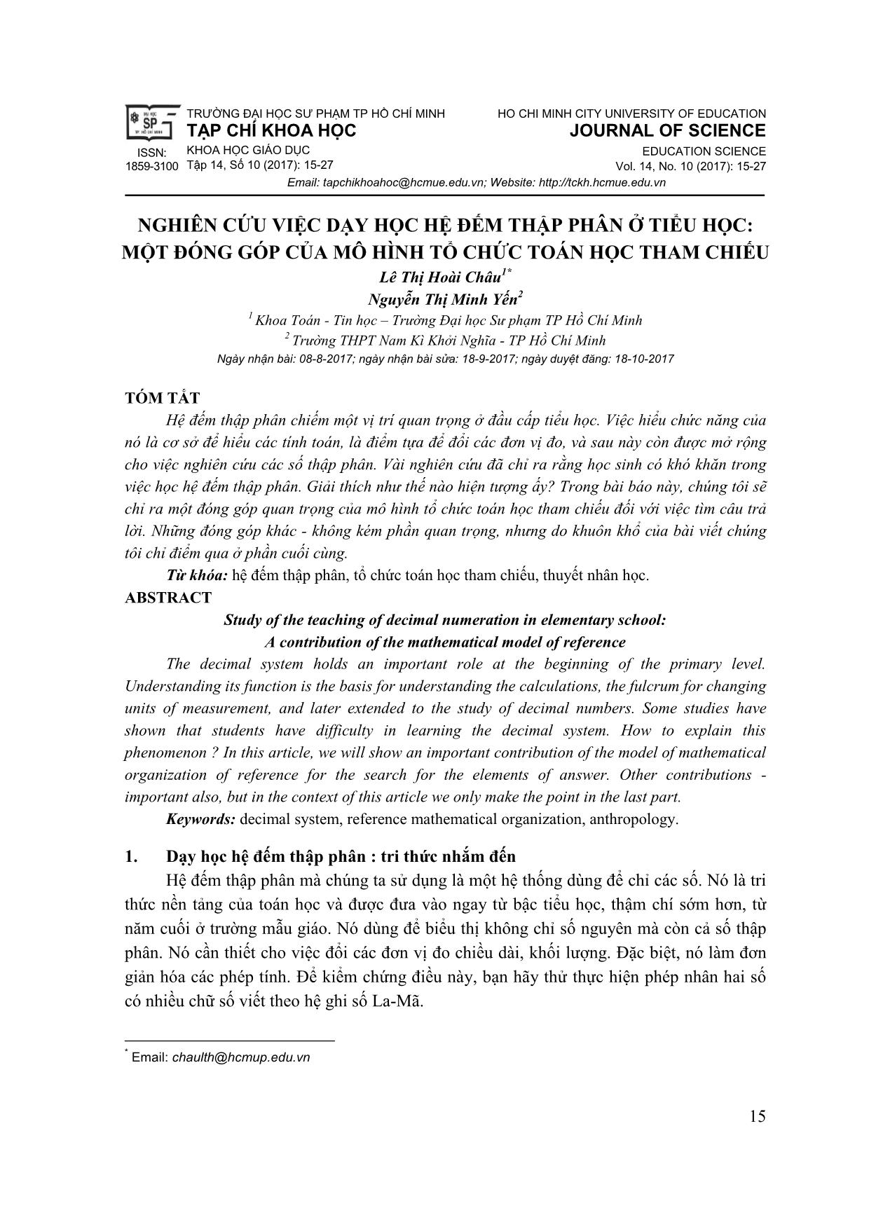 Nghiên cứu việc dạy học hệ đếm thập phân ở tiểu học: Một đóng góp của mô hình tổ chức Toán học tham chiếu trang 1