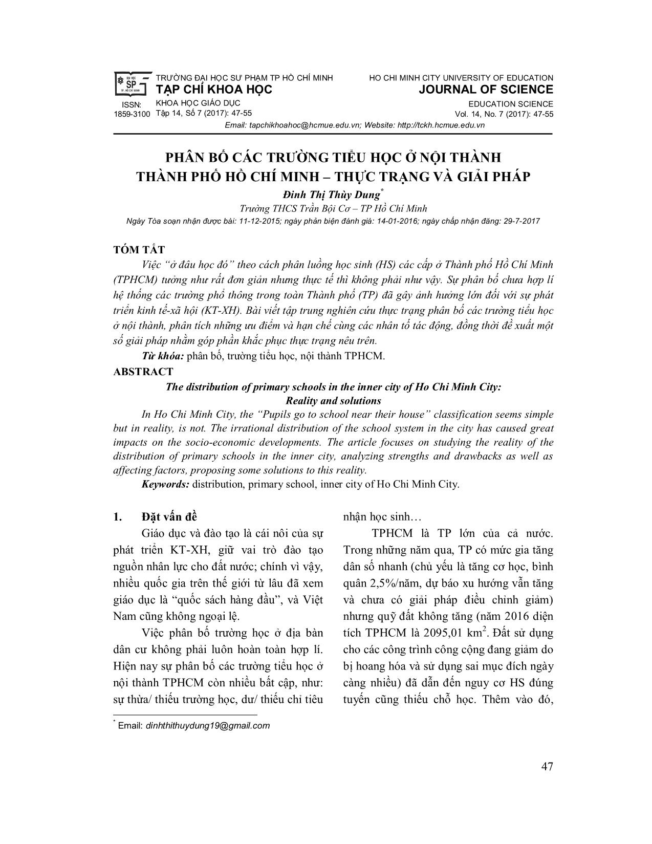 Phân bố các trường tiểu học ở nội thành Thành phố Hồ Chí Minh – Thực trạng và giải pháp trang 1