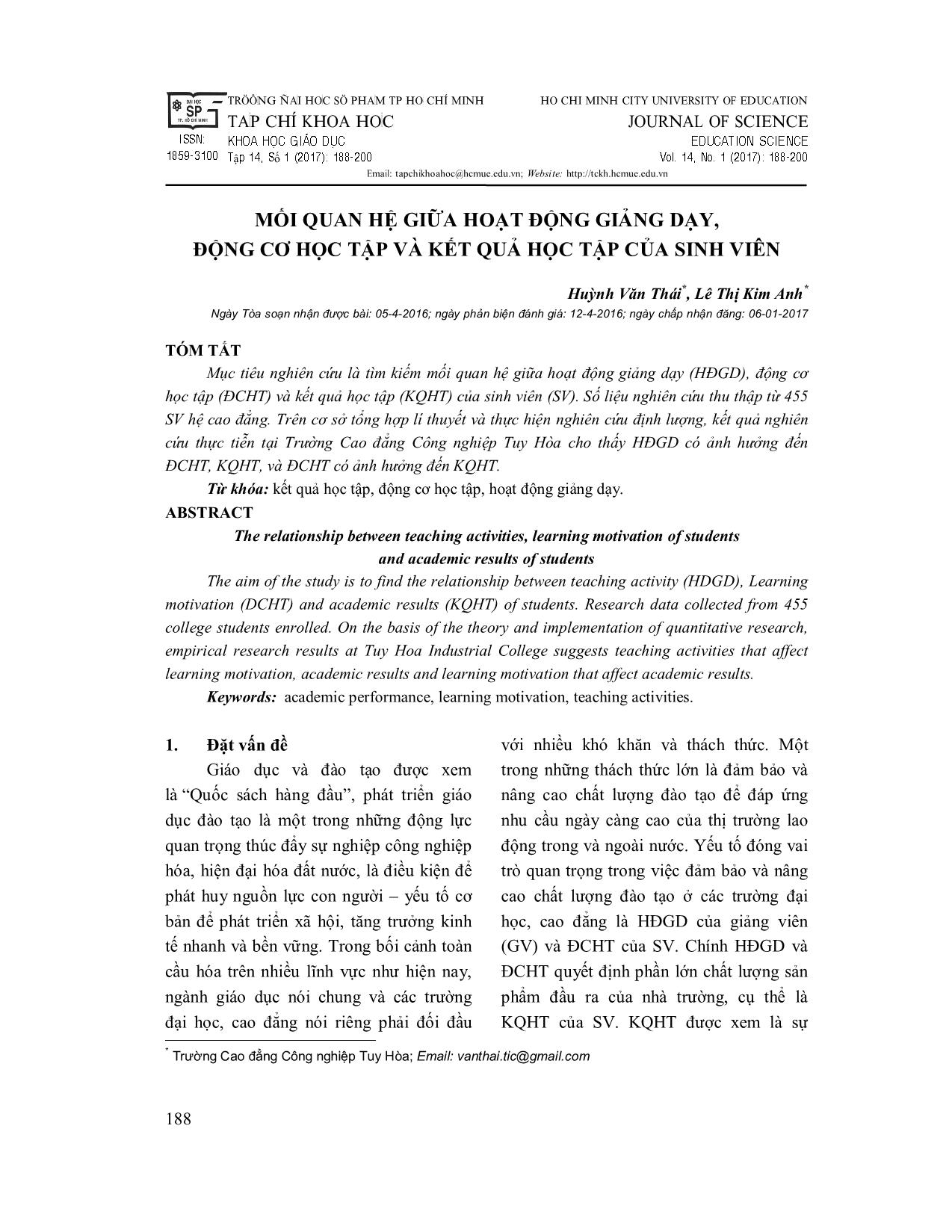 Mối quan hệ giữa hoạt động giảng dạy, động cơ học tập và kết quả học tập của sinh viên trang 1