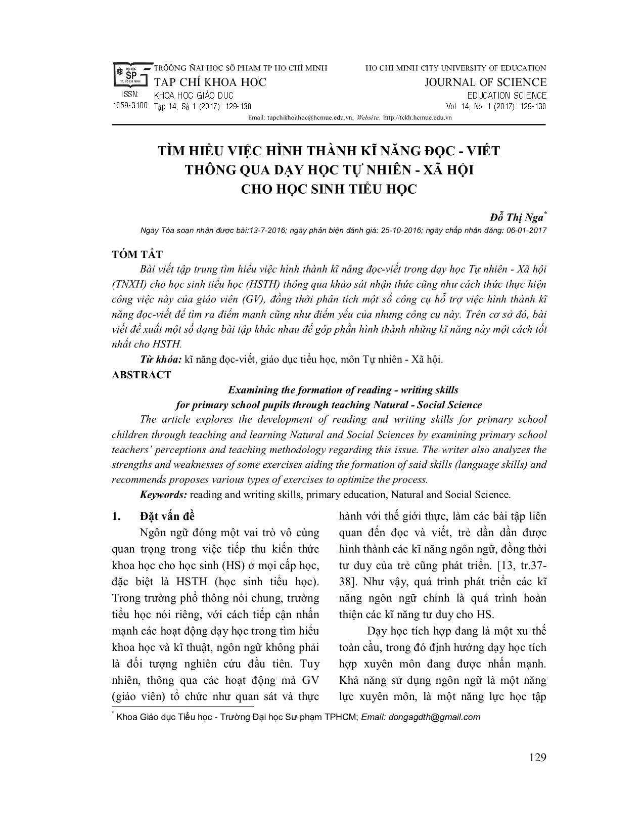 Tìm hiểu việc hình thành kĩ năng đọc, viết thông qua dạy học Tự nhiên và Xã hội cho học sinh tiểu học trang 1