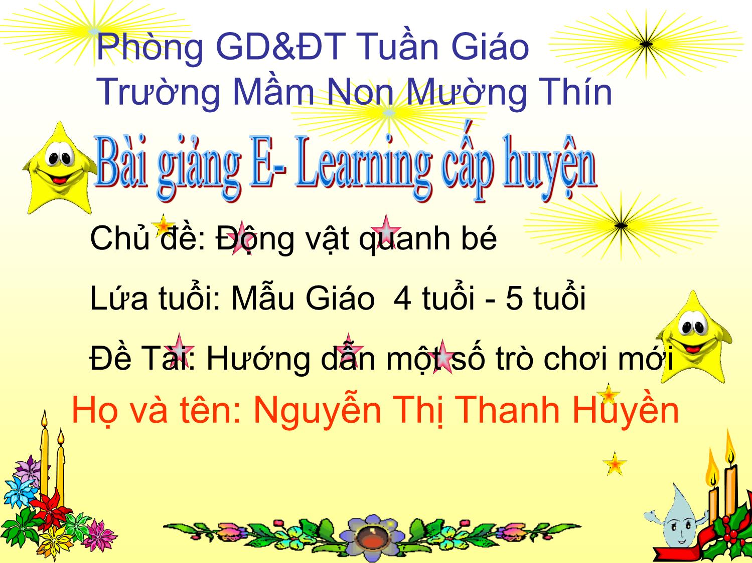 Bài giảng Mầm non Lớp Chồi - Chủ đề: Động vật quanh bé - Đề tài: Hướng dẫn một số trò chơi mới - Nguyễn Thị Thanh Huyền trang 1