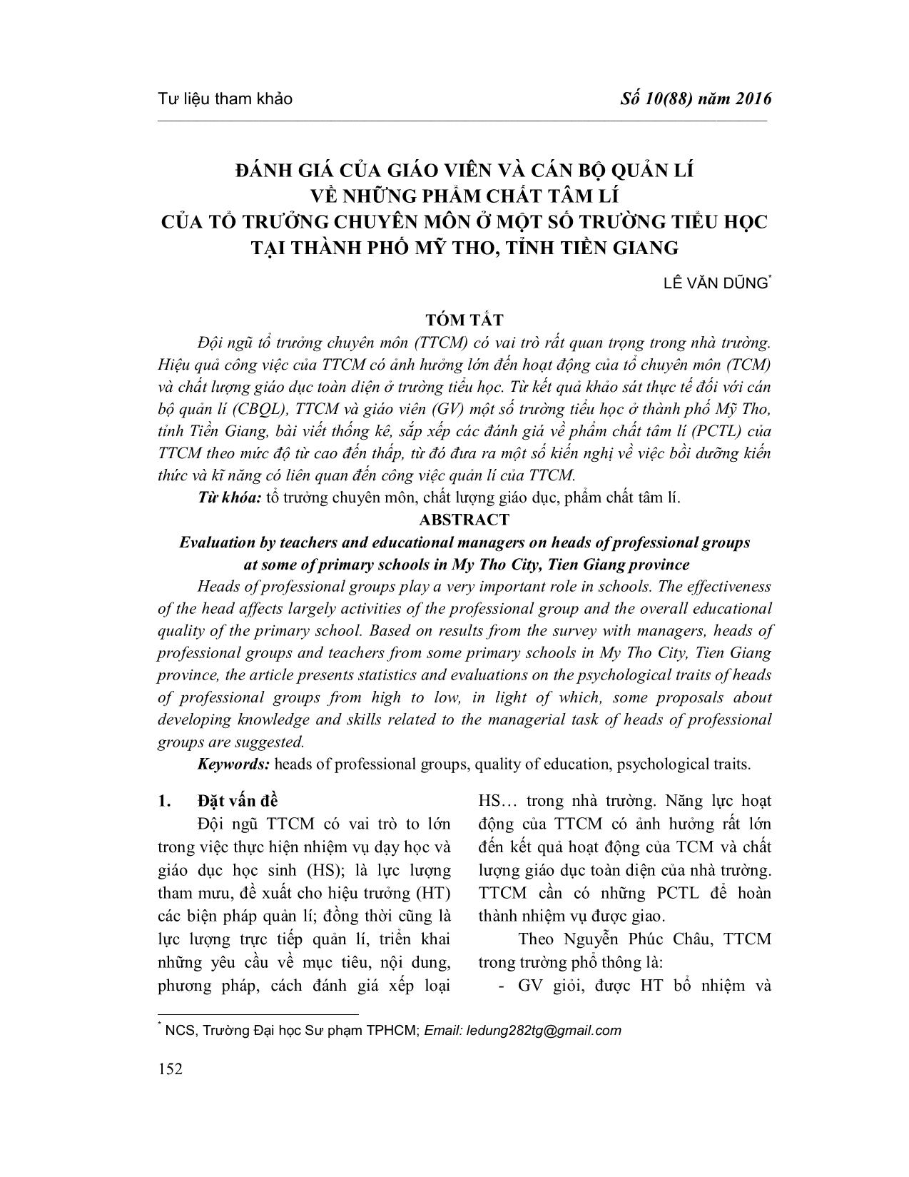 Đánh giá của giáo viên và cán bộ quản lí về những phẩm chất tâm lí của tổ trưởng chuyên môn ở một số trường tiểu học tại Thành phố Mỹ Tho, tỉnh Tiền Giang trang 1