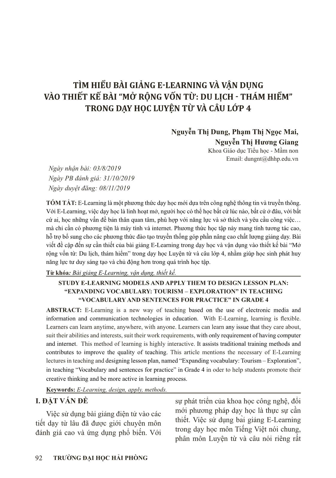 Tìm hiểu bài giảng E-learning và vận dụng vào thiết kế bài Mở rộng vốn từ Du lịch, thám hiểm trong dạy học Luyện từ và câu Lớp 4 trang 1