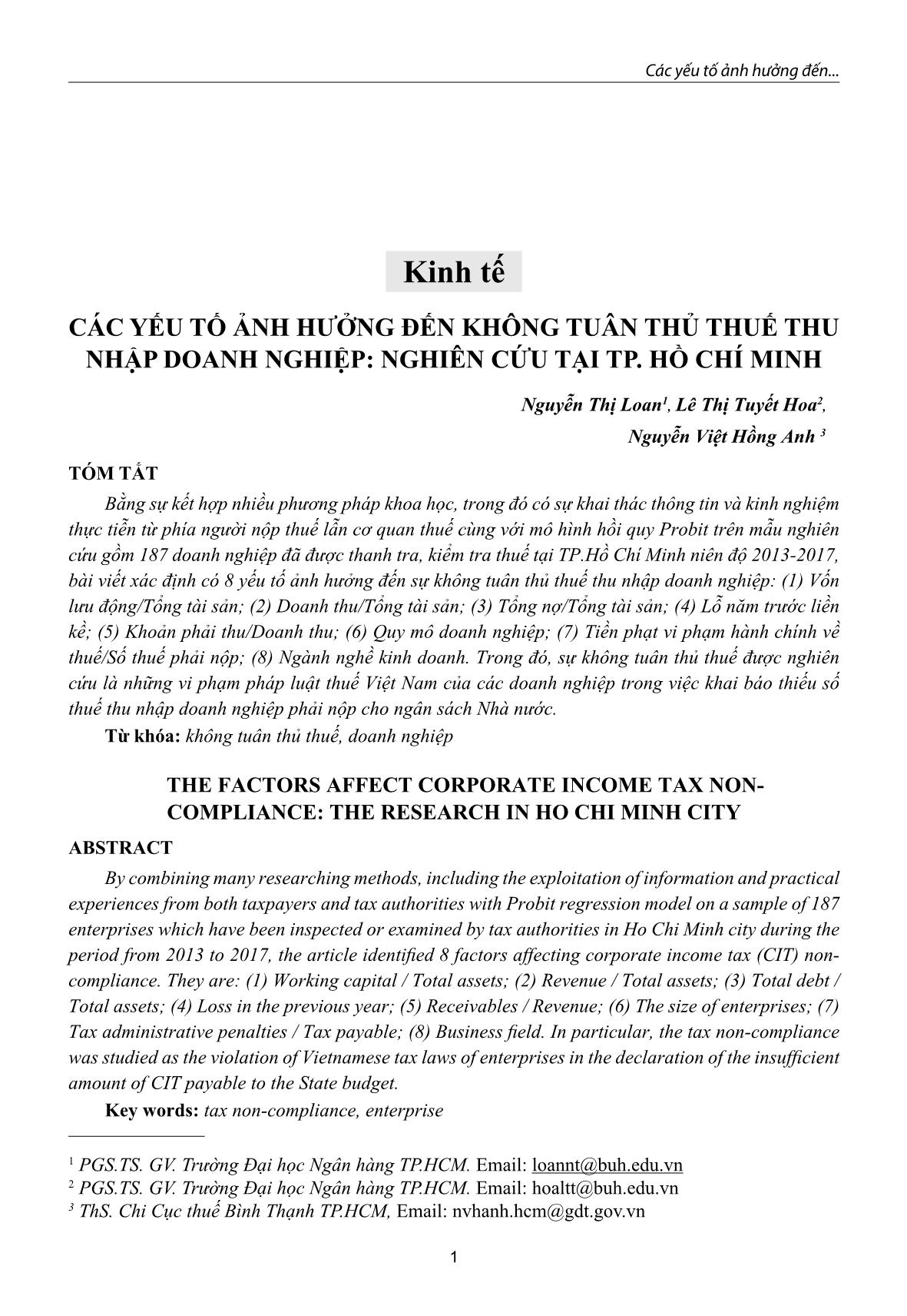 Các yếu tố ảnh hưởng đến không tuân thủ thuế thu nhập doanh nghiệp: Nghiên cứu tại TP. Hồ Chí Minh trang 1