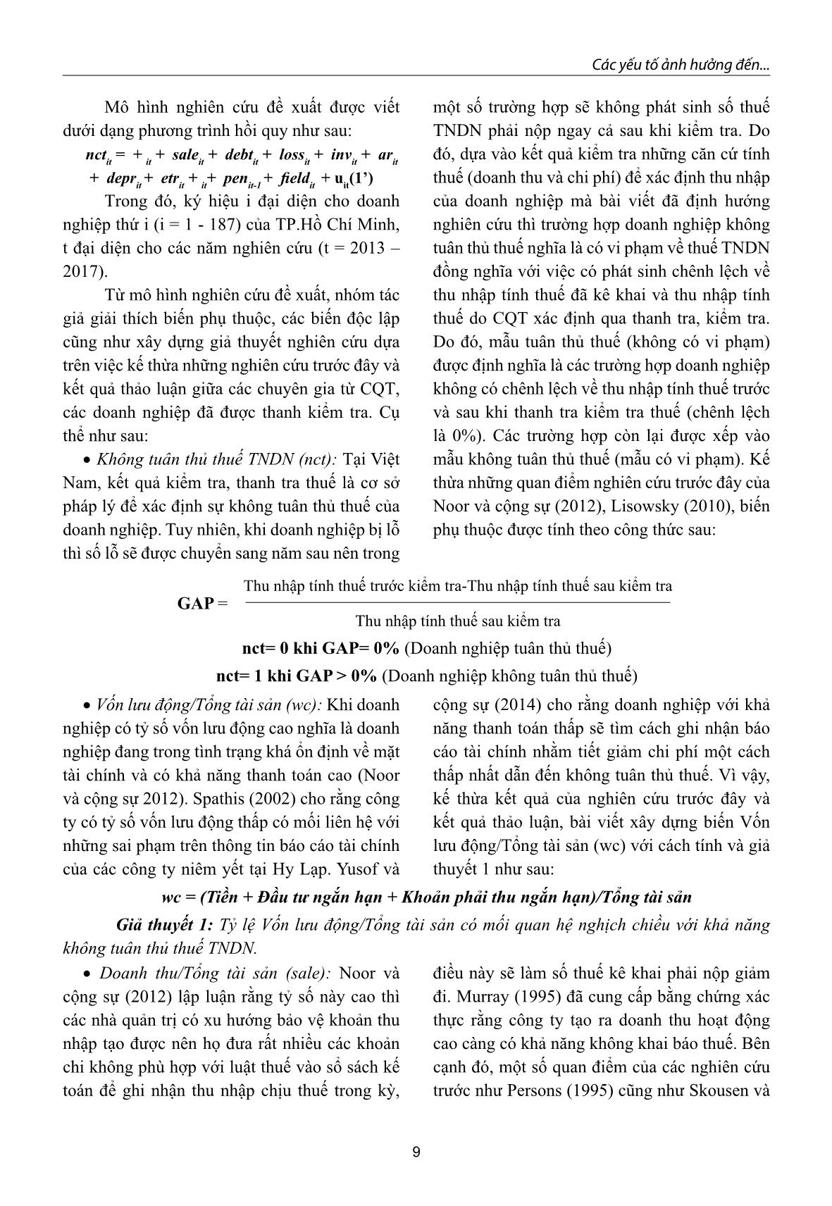 Các yếu tố ảnh hưởng đến không tuân thủ thuế thu nhập doanh nghiệp: Nghiên cứu tại TP. Hồ Chí Minh trang 9