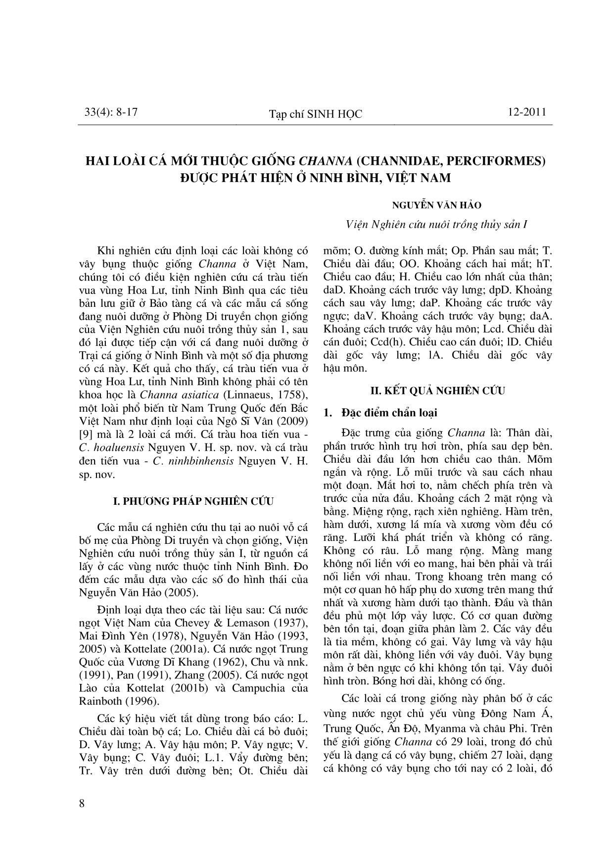 Hai loài cá mới thuộc giống Channa (Channidae, perciformes) được phát hiện ở Ninh Bình, Việt Nam trang 1