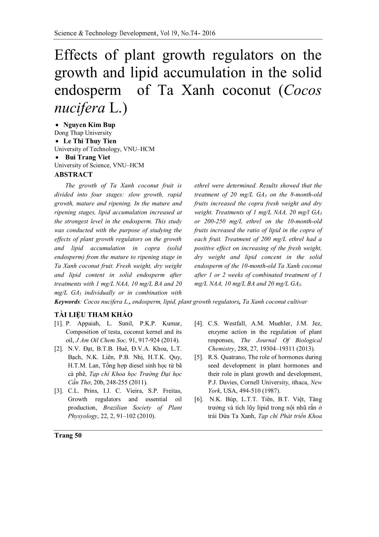 Ảnh hưởng của các chất điều hòa sinh trưởng thực vật lên sự tăng trưởng và tích lũy lipid trong nội nhũ rắn của trái Dừa Ta Xanh (Cocos nucifera L.) trang 8
