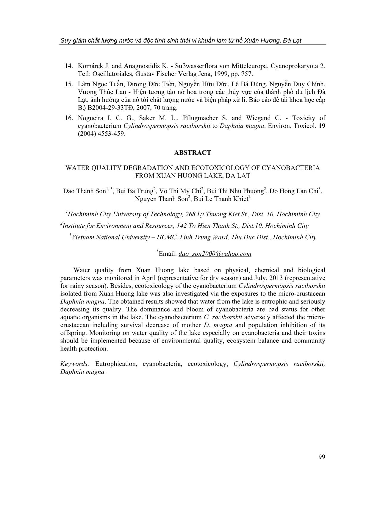Suy giảm chất lượng nước và độc tính sinh thái vi khuẩn lam từ Hồ Xuân Hương, Đà Lạt trang 9