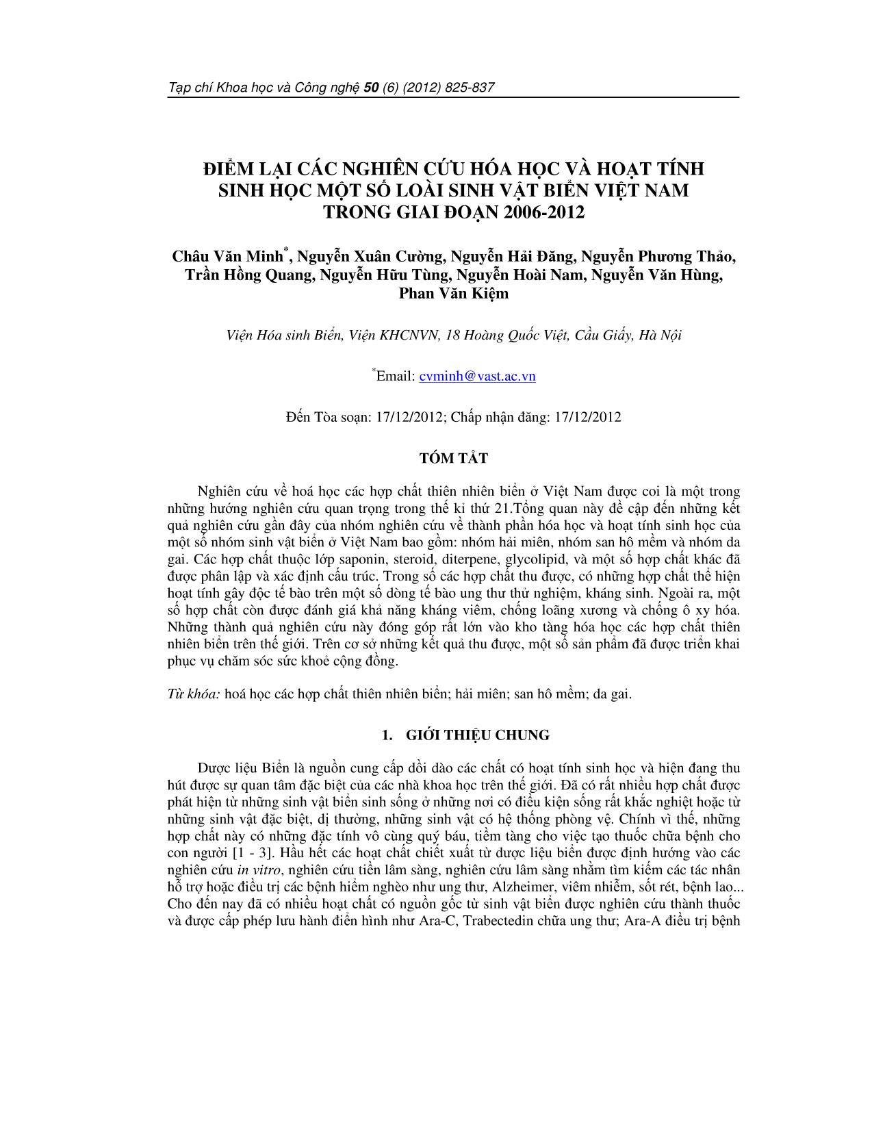 Điểm lại các nghiên cứu hóa học và hoạt tính sinh học một số loài sinh vật biển Việt Nam trong giai đoạn 2006-2012 trang 1