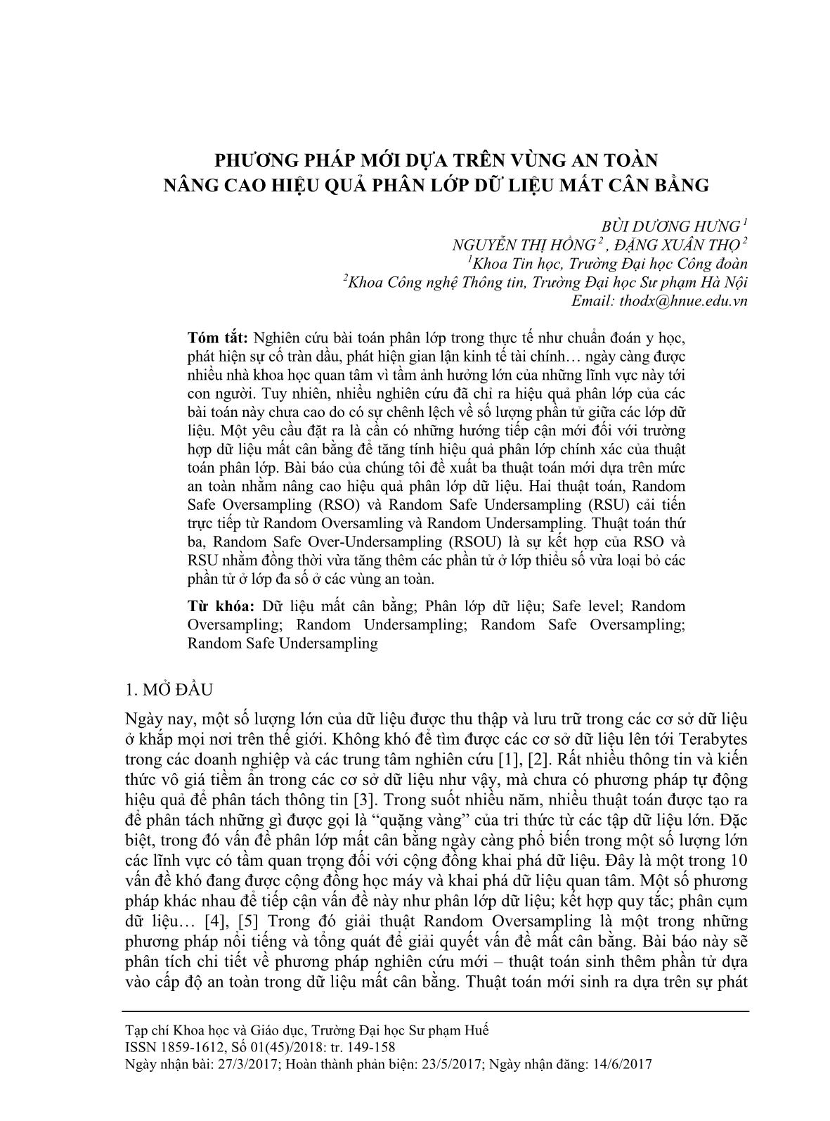 Phương pháp mới dựa trên vùng an toàn nâng cao hiệu quả phân lớp dữ liệu mất cân bằng trang 1