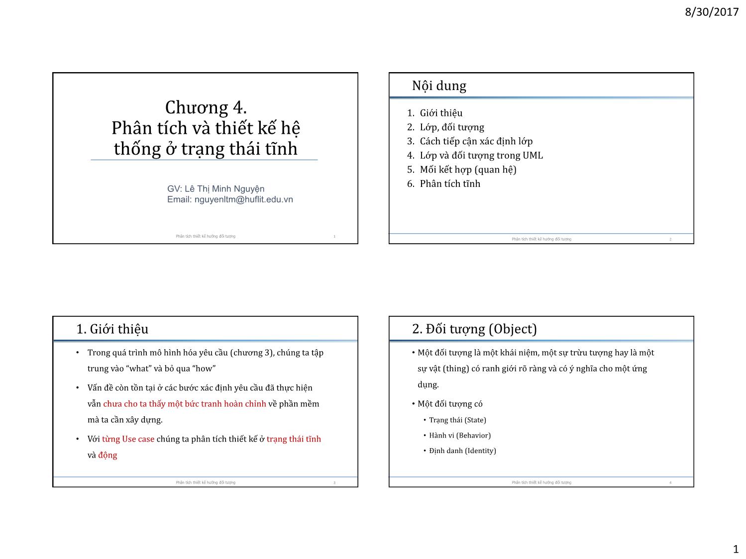 Bài giảng Phân tích thiết kế hướng đối tượng - Chương 4: Phân tích và thiết kế hệ thống ở trạng thái tĩnh trang 1