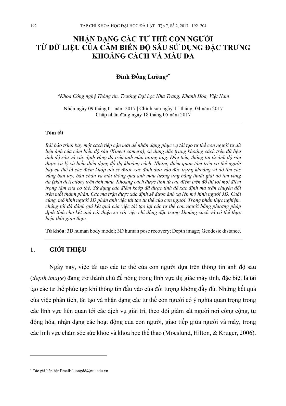 Nhận dạng các tư thế con người từ dữ liệu của cảm biến độ sâu sử dụng đặc trưng khoảng cách và màu da trang 1