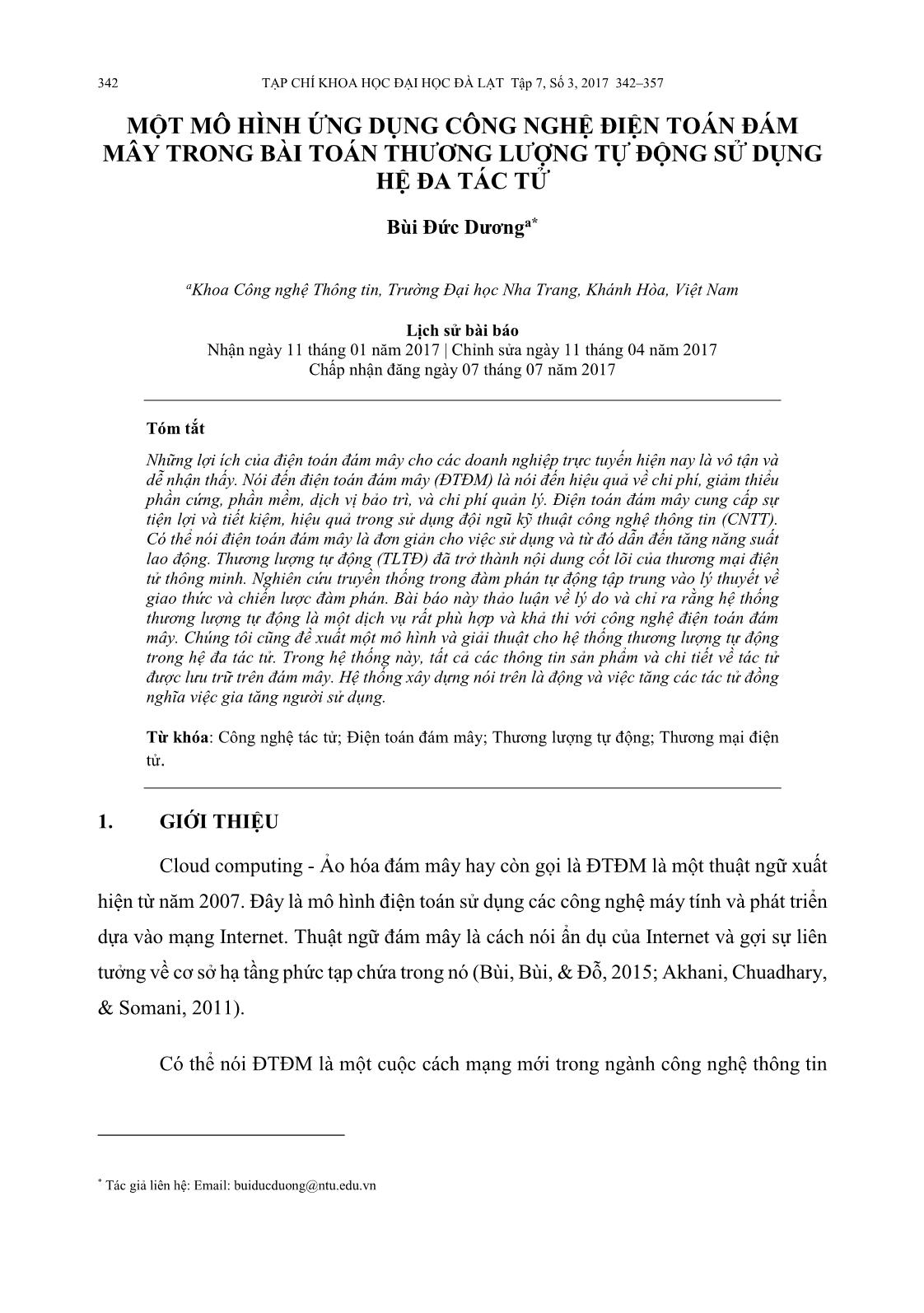 Một mô hình ứng dụng công nghệ điện toán đám mây trong bài toán thương lượng tự động sử dụng hệ đa tác tử trang 1