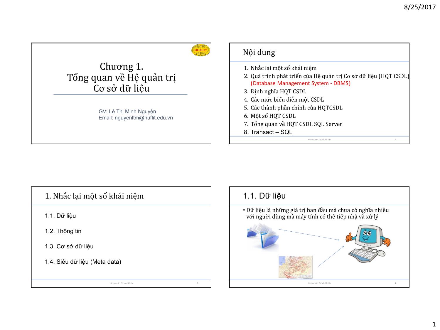 Bài giảng Cơ sở dữ liệu - Chương 1: Tổng quan về Hệ quản trị Cơ sở dữ liệu trang 1