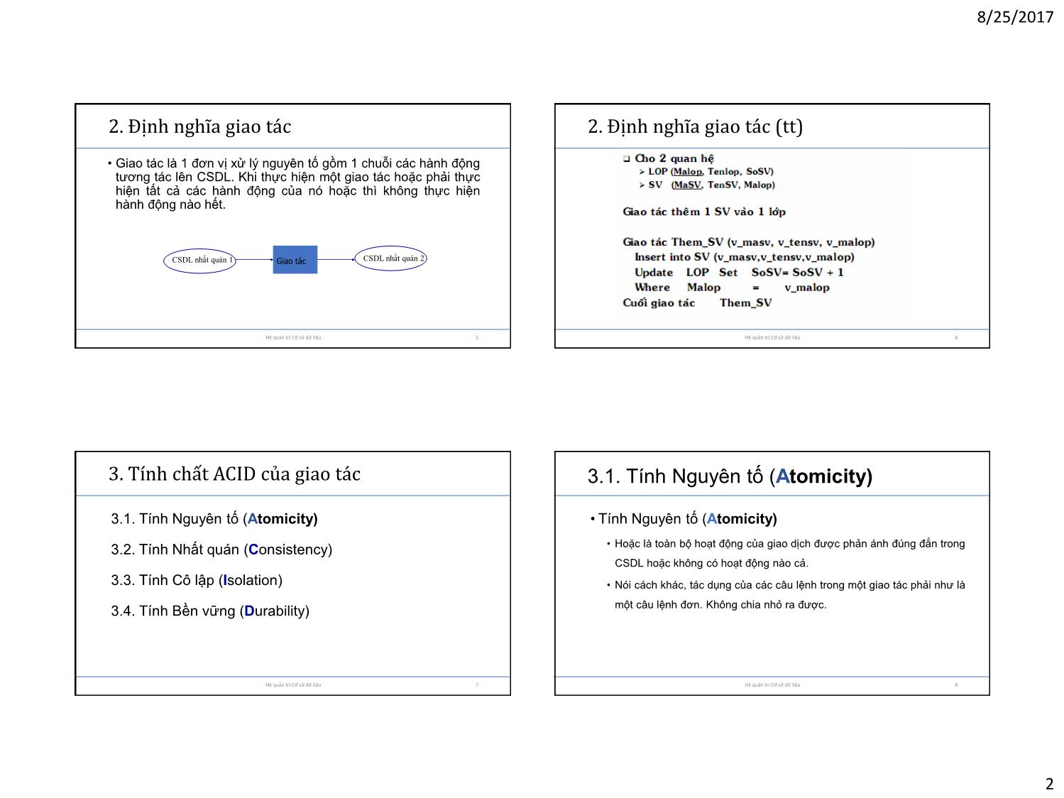 Bài giảng Cơ sở dữ liệu - Chương 4: Quản lý giao tác trang 2
