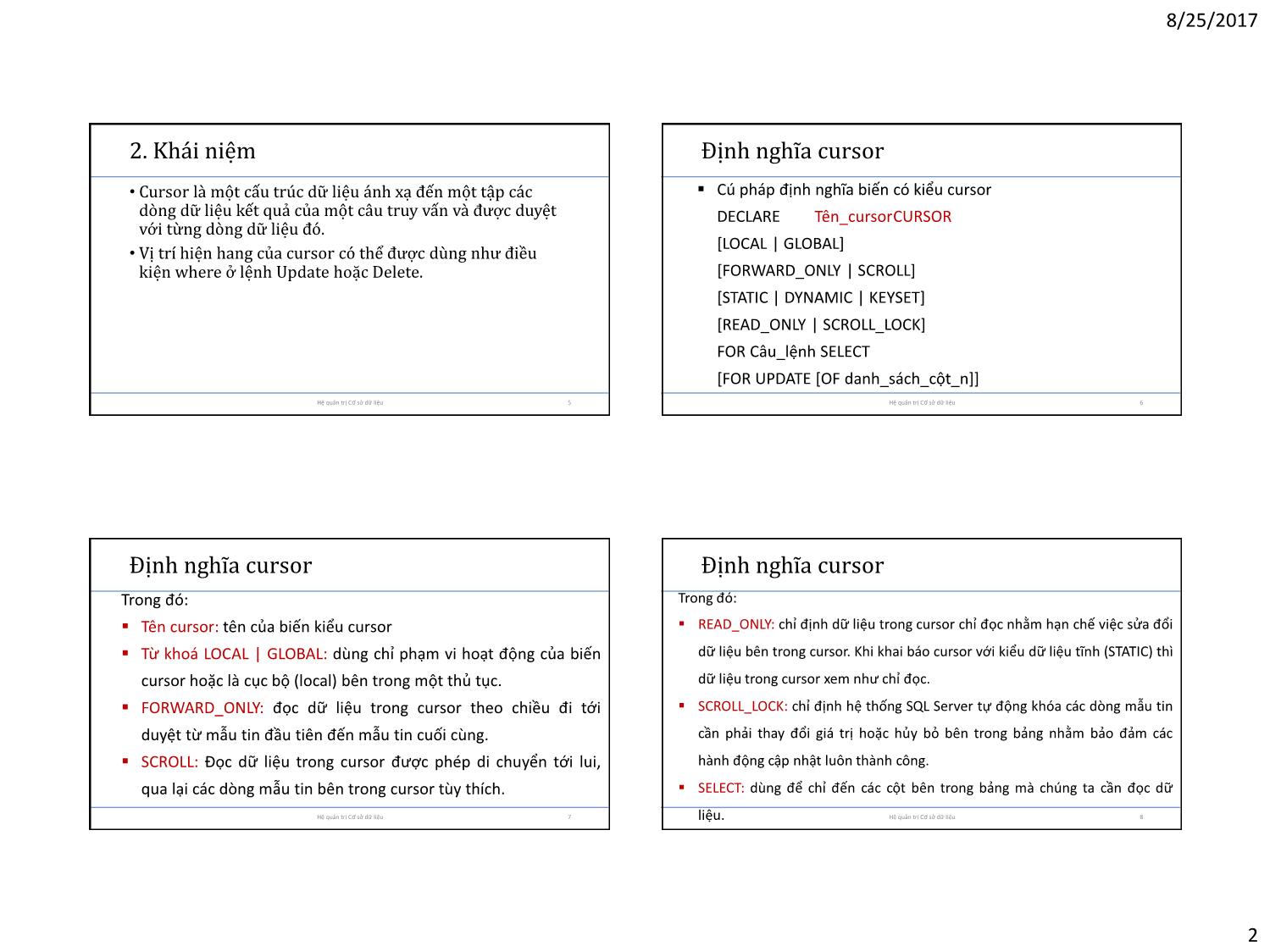 Bài giảng Cơ sở dữ liệu - Chương 7: Con trỏ (Cussor) trang 2