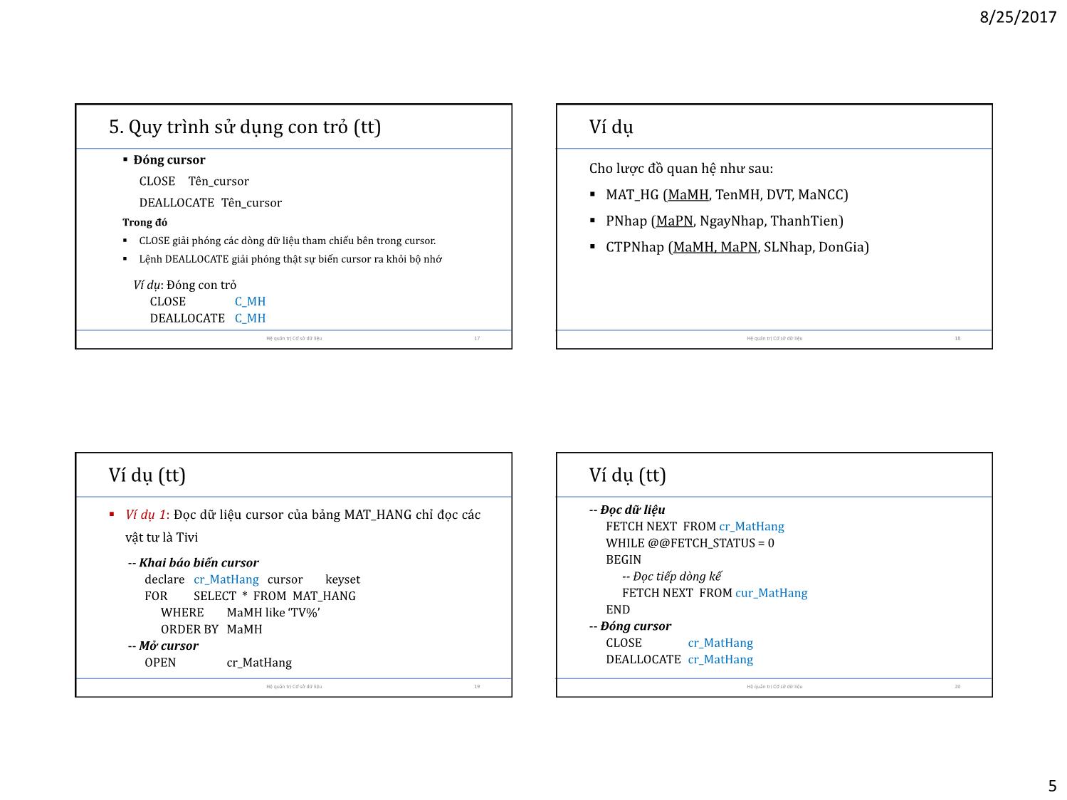 Bài giảng Cơ sở dữ liệu - Chương 7: Con trỏ (Cussor) trang 5