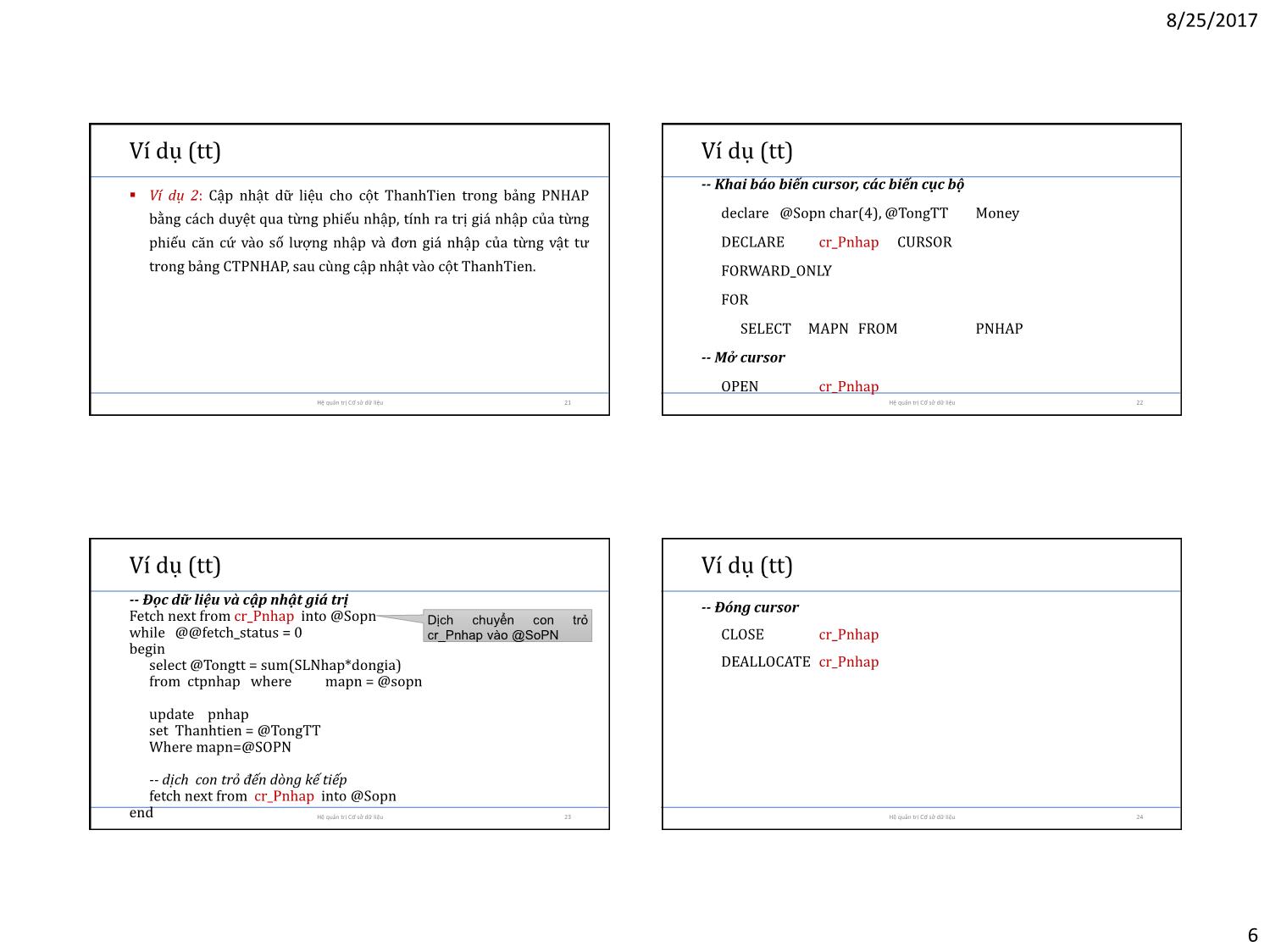Bài giảng Cơ sở dữ liệu - Chương 7: Con trỏ (Cussor) trang 6