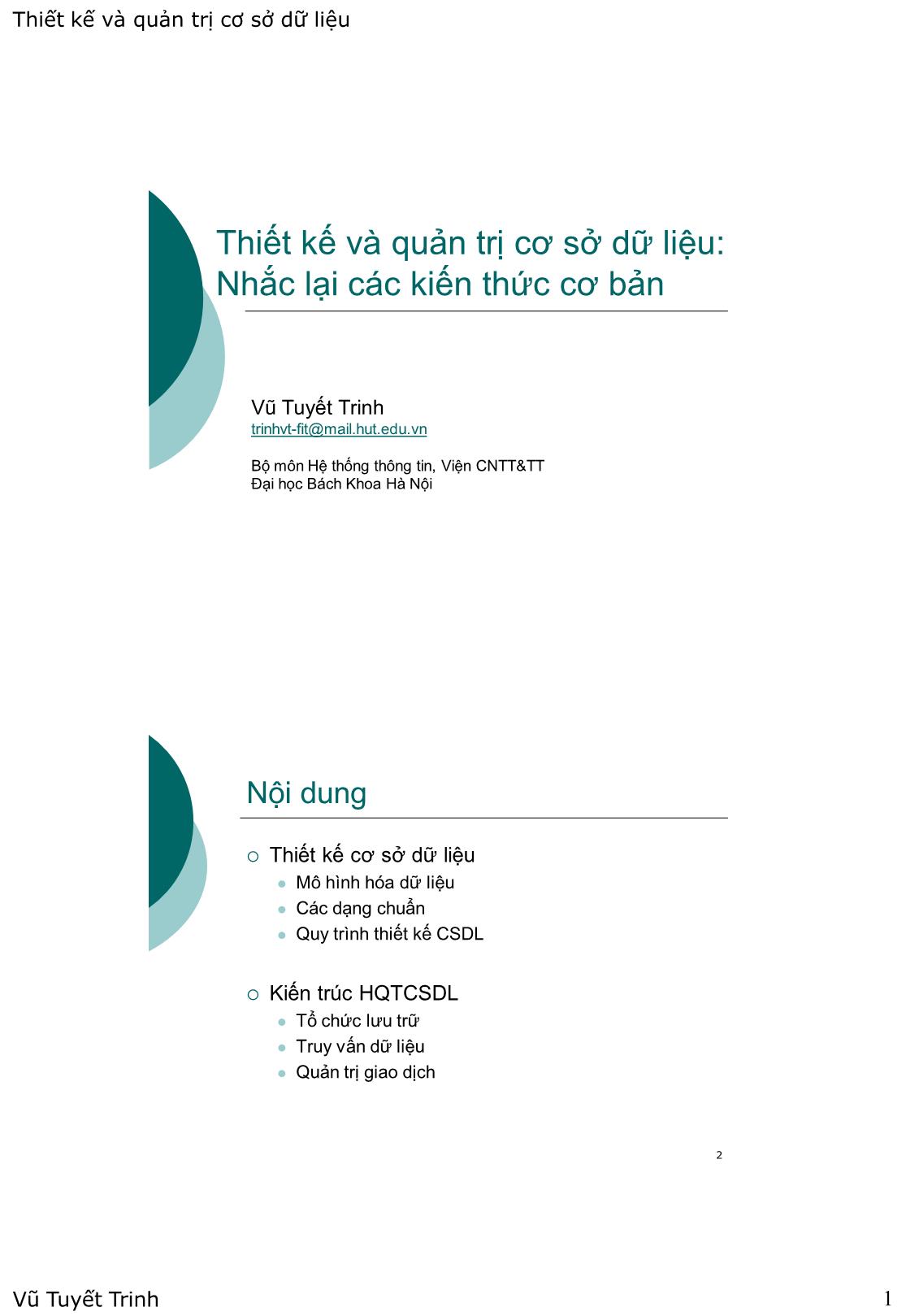 Bài giảng Thiết kế và quản trị cơ sở dữ liệu - Nhắc lại các kiến thức cơ bản trang 1